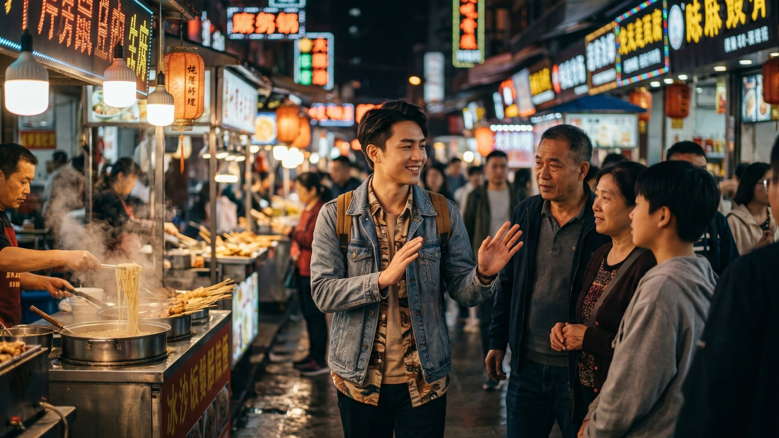 A cinematic street photography shot of a crowded, neon-lit Chinese night market. A young traveler is smiling apologetically while gently squeezing past a group of locals, gesturing 'excuse me' with their hands. The atmosphere is warm, vibrant, and authentic.
