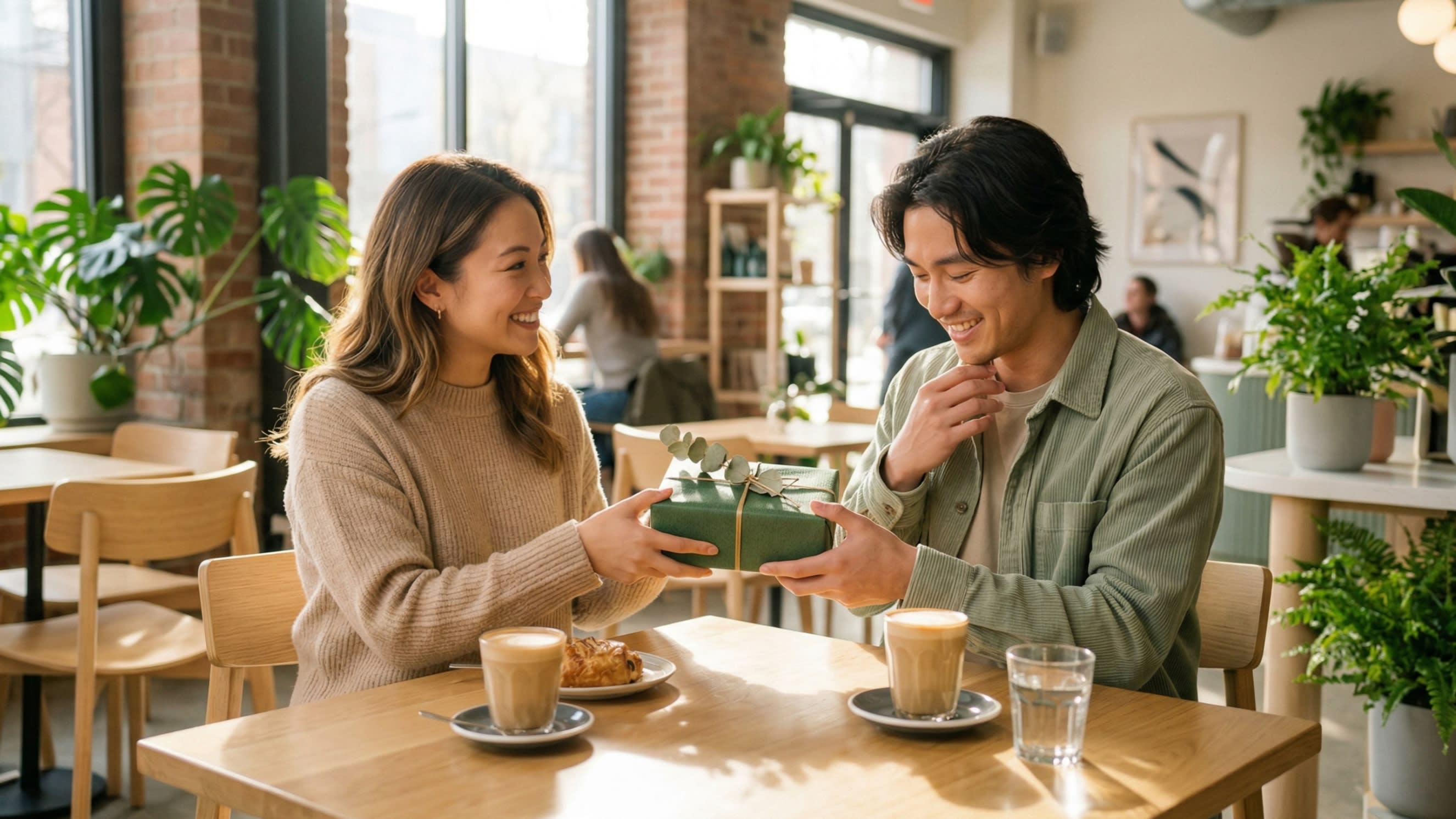 A highly realistic, close-up photography shot of two friends laughing at a coffee shop. One is handing the other a beautifully wrapped gift. The receiver is smiling, looking slightly shy and humbled, perfectly embodying the emotion of 'Buhaoyisi'.