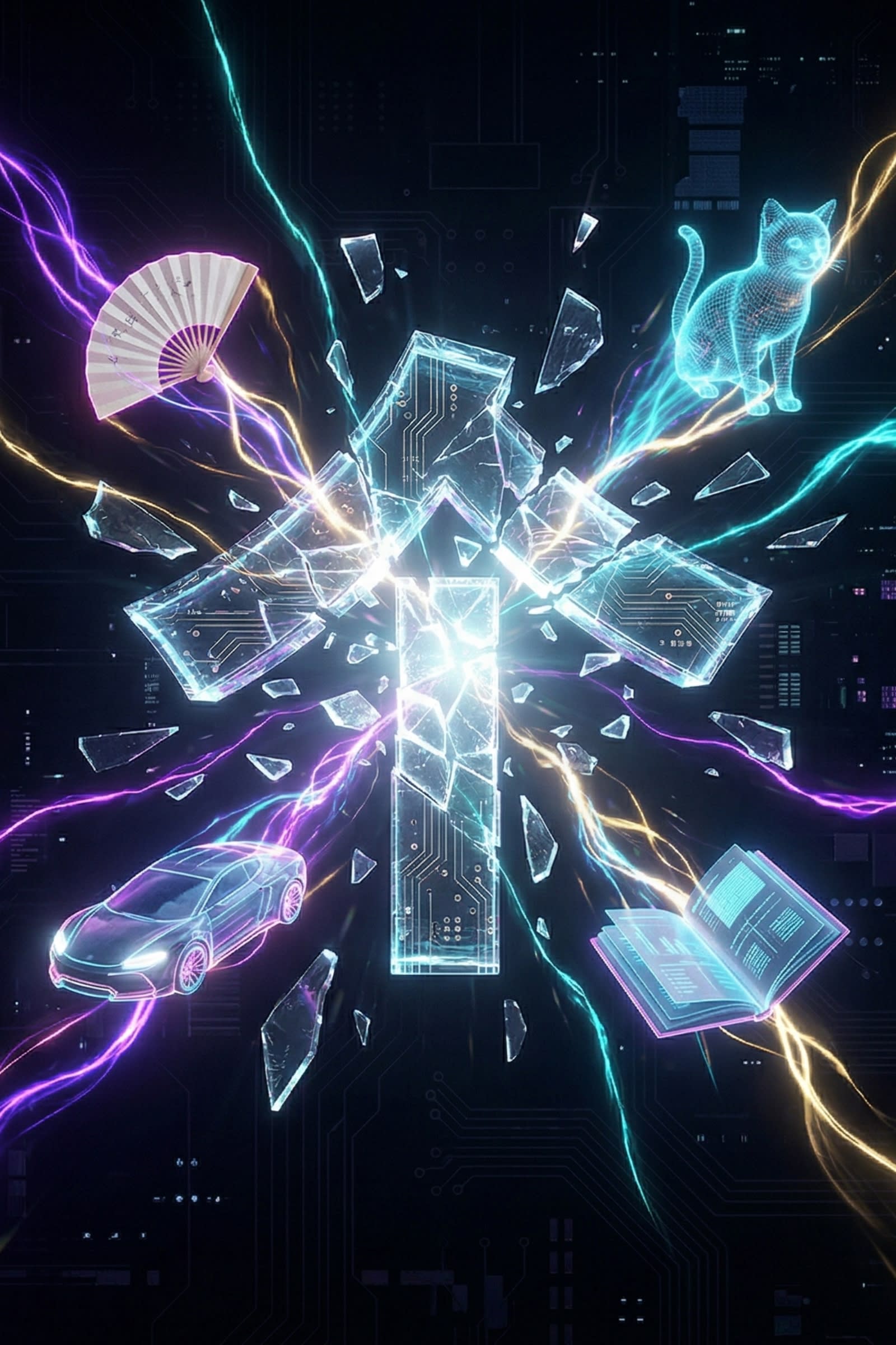 A breathtaking, hyper-detailed 3D cyberpunk digital illustration of a glowing, shattered Chinese character '个' (Ge). Exploding out from the broken fragments are radiant, neon 3D objects: a sleek car ('辆'), a traditional paper fan ('张'), a glowing cat ('只'), and a floating open book ('本'). The scene is set in a dark, atmospheric void with vibrant purple and gold neon light streams, symbolizing the breakthrough of language learning.