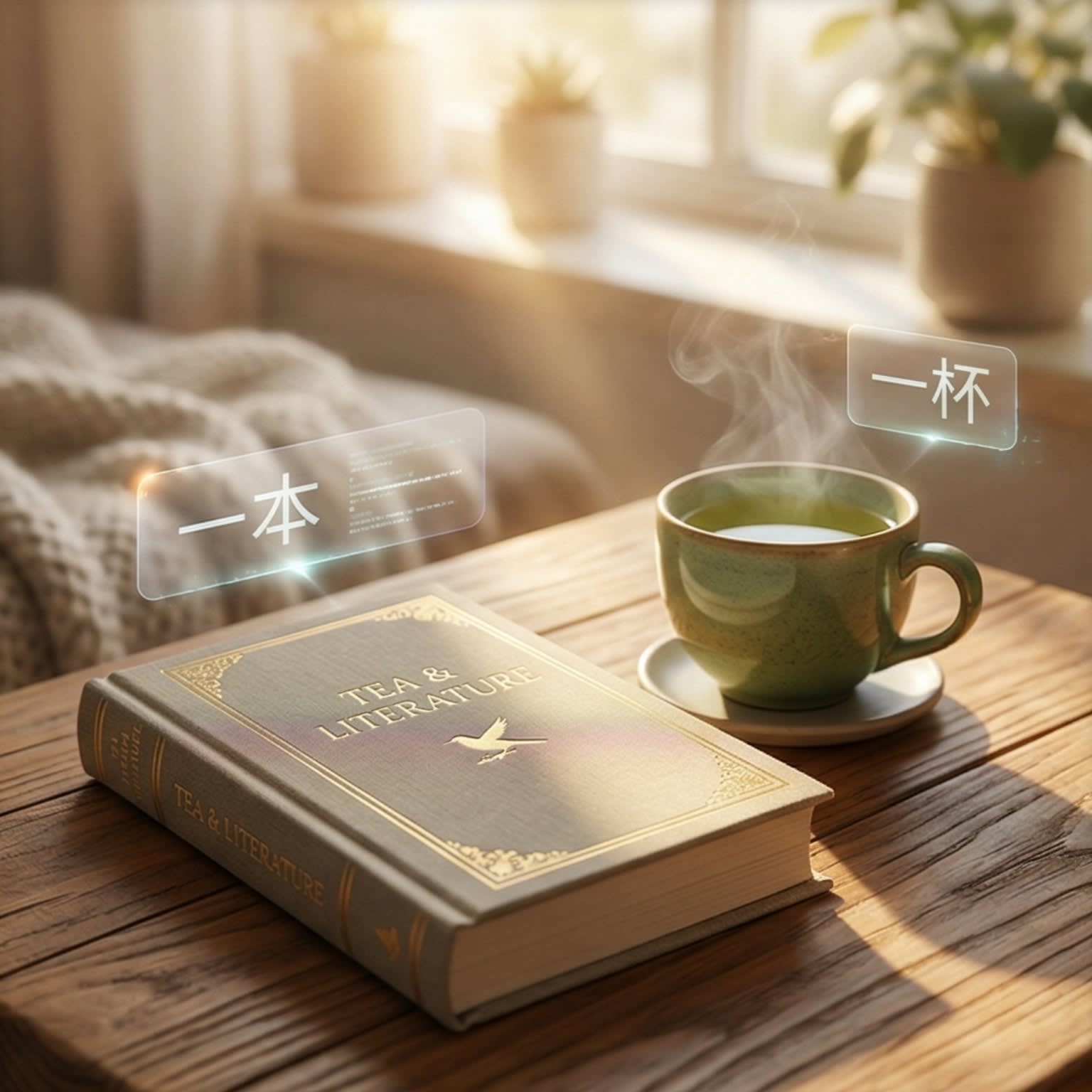 A stylish, close-up shot of a cozy reading corner. A bound book sits next to a steaming cup of tea. A glowing holographic label reading '一本' (yì běn) floats over the book, and '一杯' (yì bēi) floats over the cup.