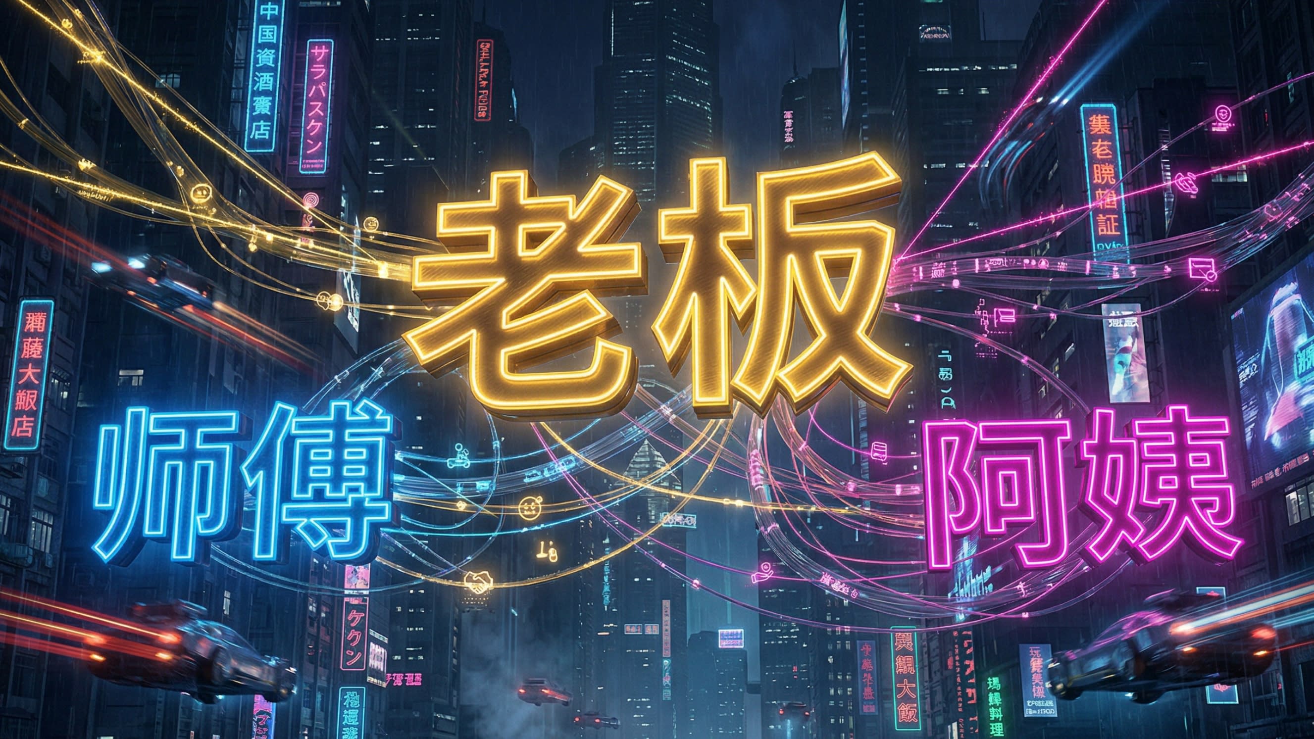 A visually stunning, hyper-detailed 3D cyberpunk digital illustration of glowing neon Chinese characters representing titles floating in a futuristic, dark cityscape. The bold, luminous characters for '老板' (Laoban) in gold, '师傅' (Shifu) in electric blue, and '阿姨' (Ayi) in vibrant pink are suspended in mid-air, connected by glowing digital data streams symbolizing 'Guanxi' (social connections). Masterpiece, highly engaging.