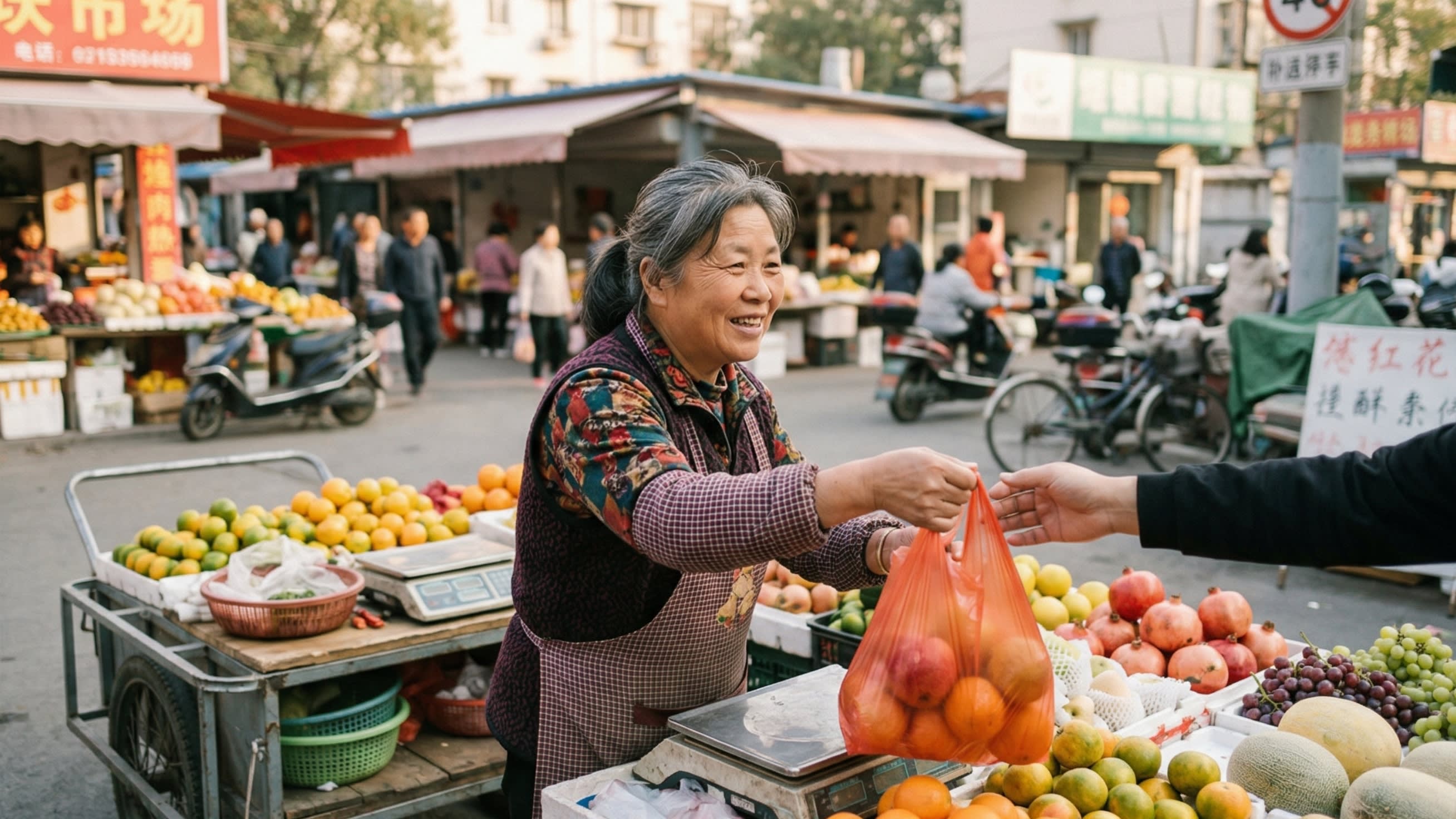 A warm, candid lifestyle photograph of a friendly, middle-aged female street vendor handing a bag of fresh fruit to a customer. The interaction is warm and familial, perfectly capturing the essence of the 'Ayi' (Auntie) dynamic in Chinese daily life.