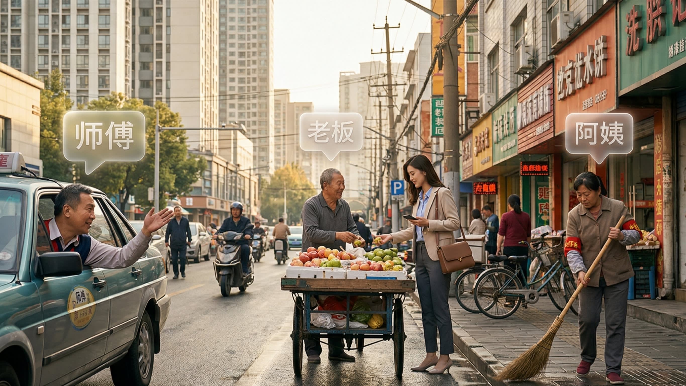 A cinematic street photography shot of a bustling Chinese neighborhood. Various local characters—a taxi driver, a fruit vendor, a stylish young professional, and an older woman sweeping—are interacting. Subtle glowing neon text bubbles reading '师傅' (Shifu), '老板' (Laoban), and '阿姨' (Ayi) float above them, illustrating the complex web of social titles.