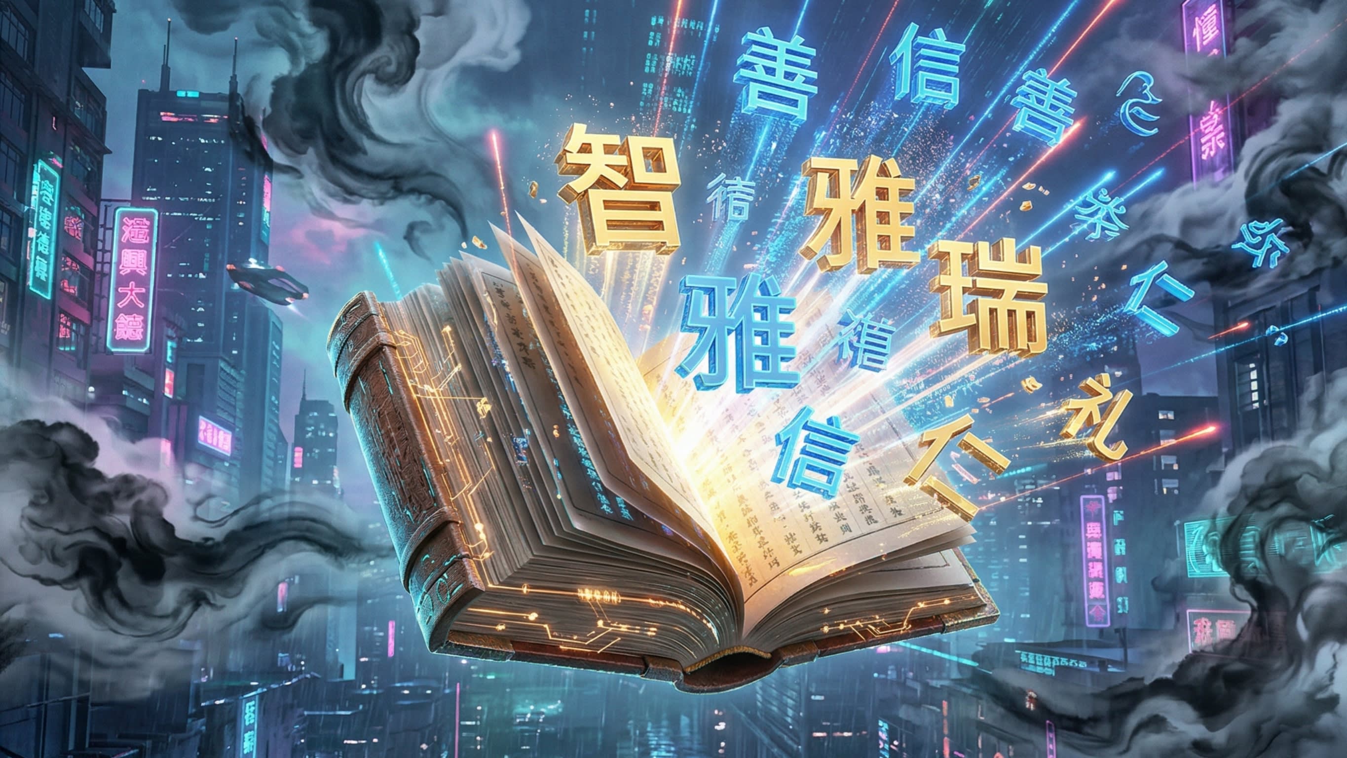 A visually spectacular, hyper-detailed 3D digital illustration of an ancient, glowing Chinese dictionary floating in mid-air. Bursting out from the pages are radiant, 3D holographic Chinese characters in gold and neon blue, representing beautiful virtues like '智' (Wisdom), '雅' (Elegance), and '瑞' (Auspicious). The background is a breathtaking blend of cyberpunk neon city lights and swirling, traditional ink-wash clouds, symbolizing the birth of a perfect modern identity.
