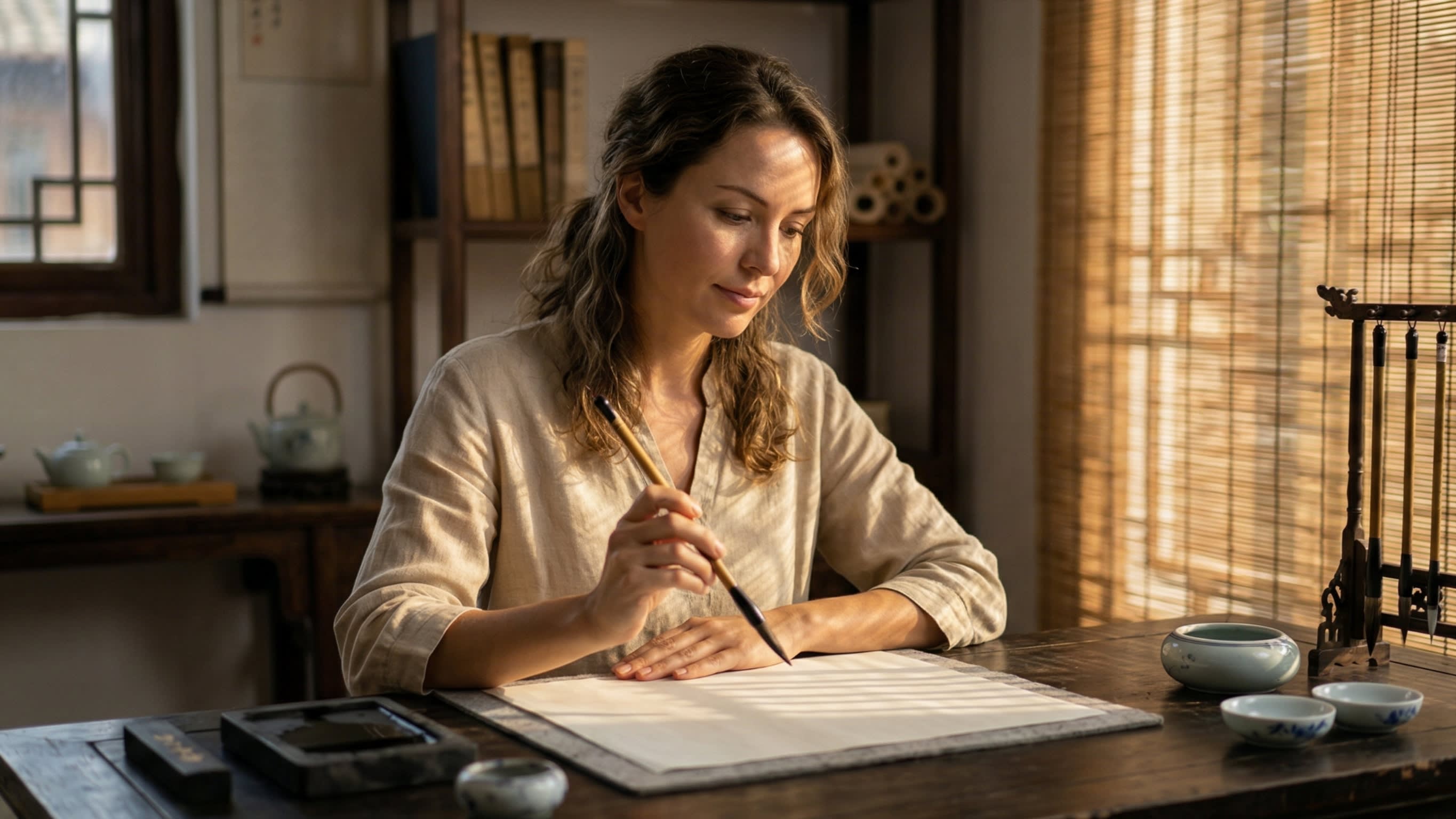 A cinematic, highly aesthetic photography shot of a foreigner holding a traditional Chinese calligraphy brush, looking thoughtfully at a piece of blank rice paper on a wooden desk. Soft afternoon sunlight streams through a bamboo blind, creating a mood of cultural immersion and deep focus.