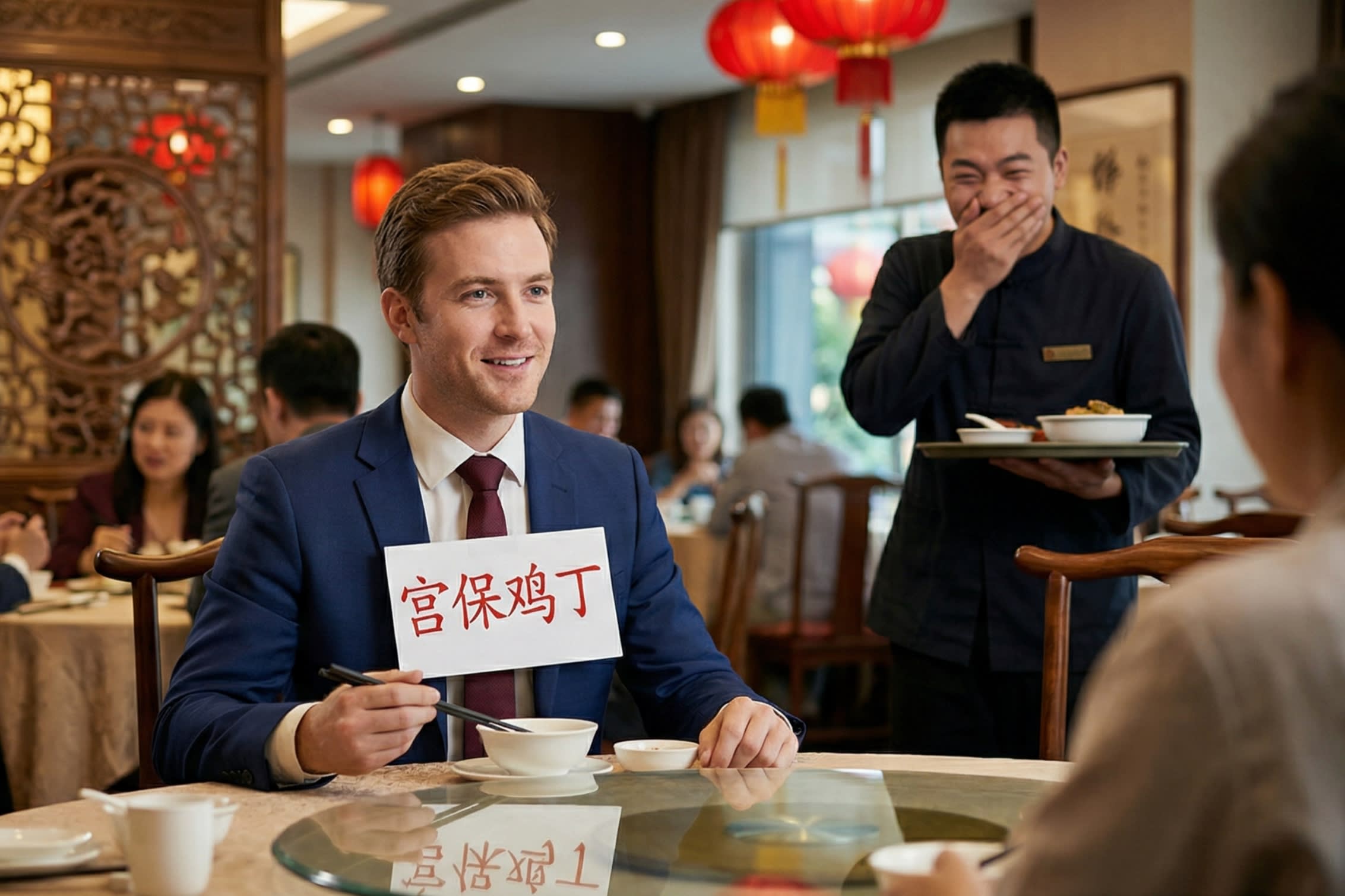 A humorous, high-quality photograph of an international expat sitting at a restaurant, wearing a formal business suit but with a clearly visible nametag that says '宫保鸡丁' (Kung Pao Chicken). The expat looks confident, while a Chinese waiter in the background is trying incredibly hard not to laugh.