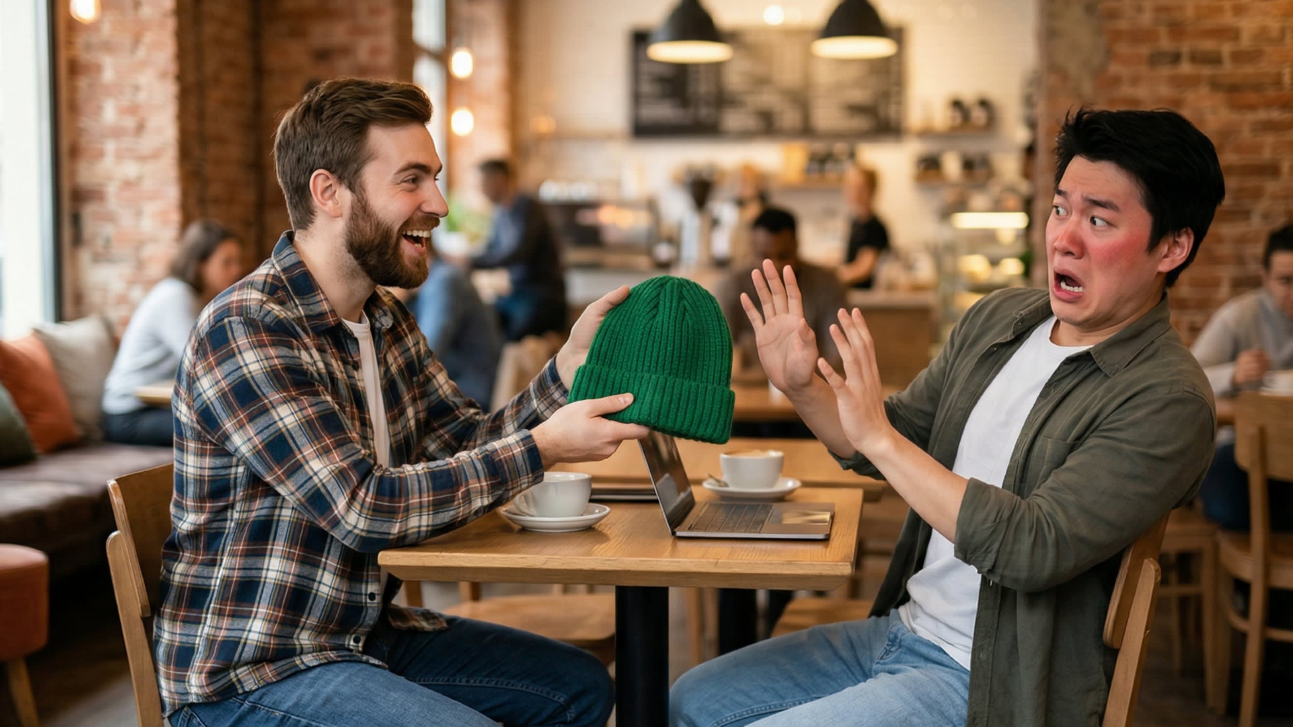 A humorous, high-quality photograph of an international expat enthusiastically offering a bright green beanie to a Chinese male friend. The Chinese friend is holding his hands up defensively, looking absolutely horrified and awkward.