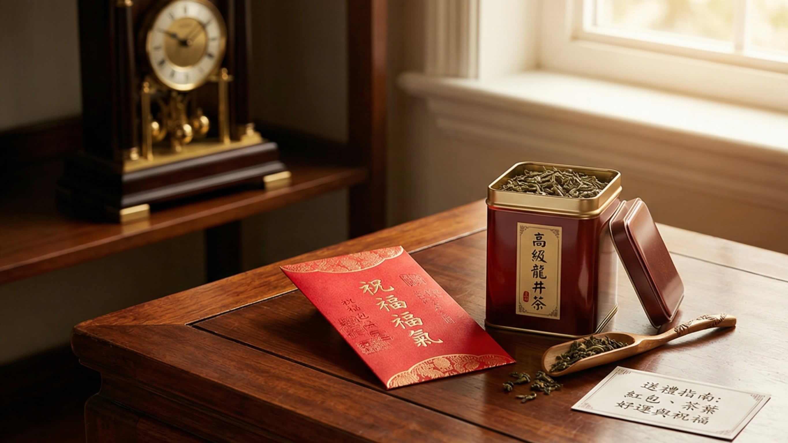 A beautiful, high-quality editorial still-life photography shot representing a Chinese gift-giving guide. On a rich traditional wooden table, an elegant red envelope (Hongbao) and a premium tin of loose-leaf tea sit in warm, inviting sunlight, while an antique desk clock sits in the shadowed background.