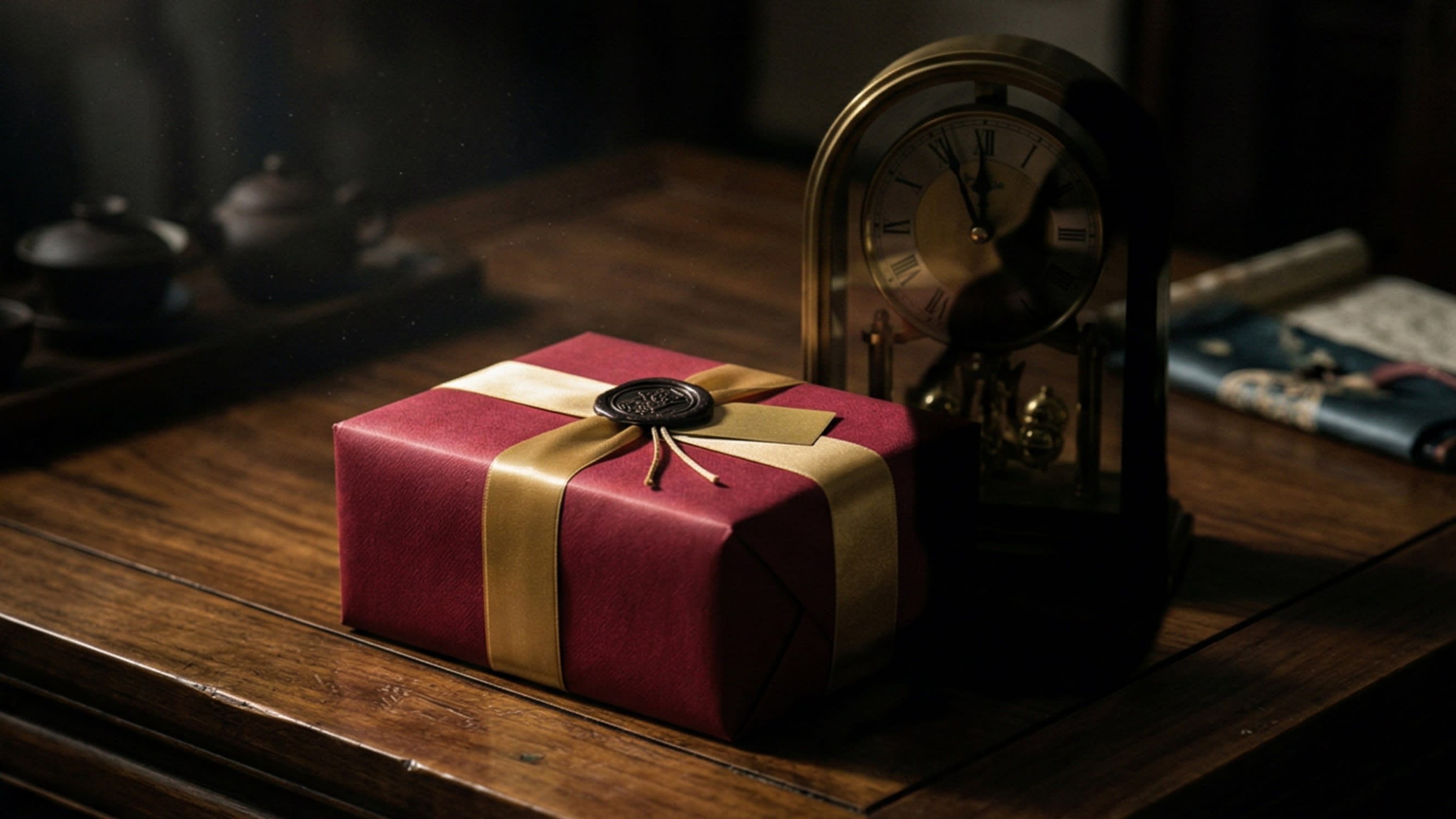 A cinematic, highly aesthetic photography shot of a beautifully wrapped gift box sitting on a traditional wooden table. However, casting an ominous, dark shadow over the box is the silhouette of an old-fashioned clock. The lighting is dramatic, highlighting the tension and hidden cultural danger of the scene.