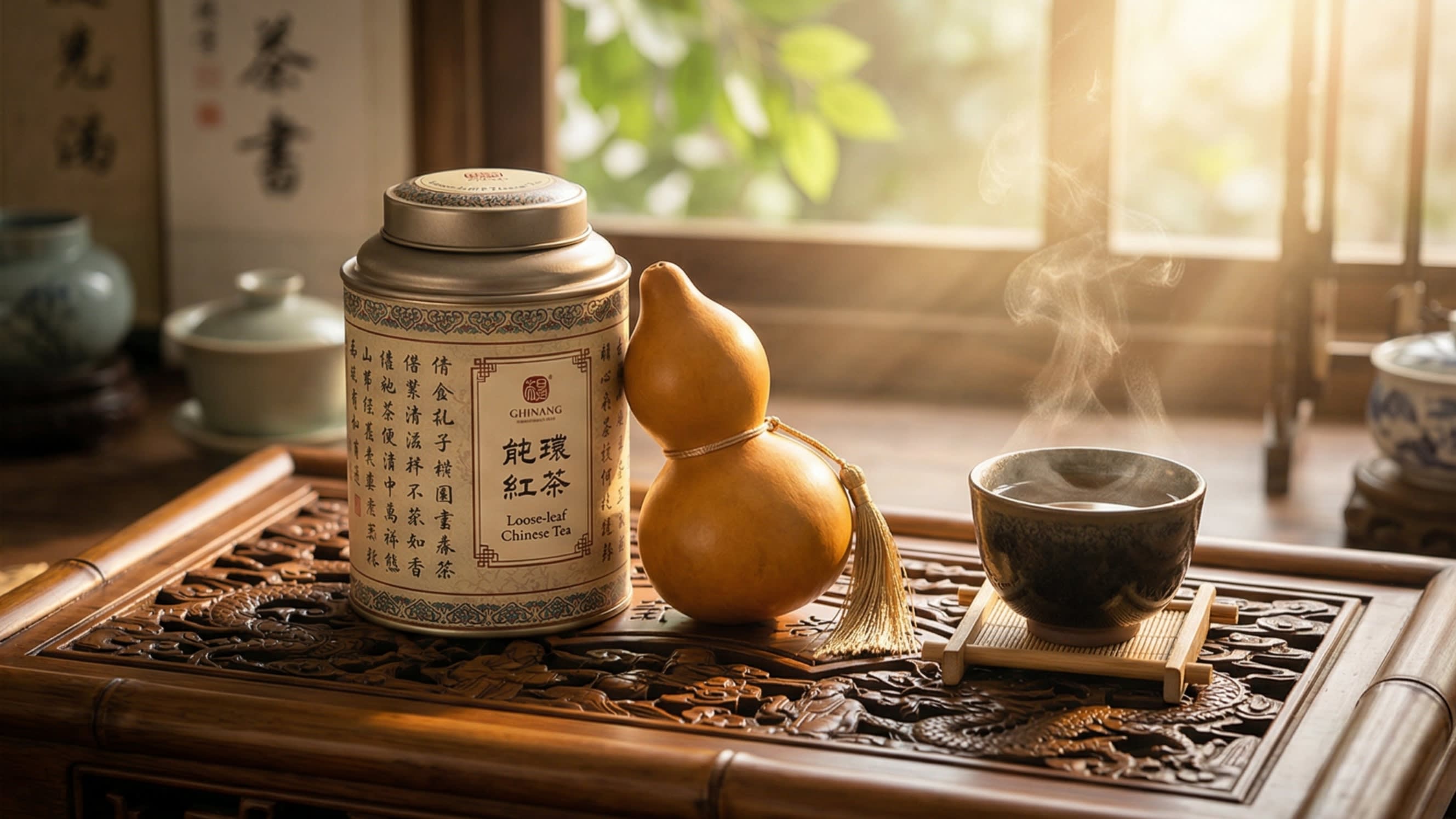 A stunning, warm lifestyle shot of a premium gift presentation on a bamboo tea tray. An elegant tin of loose-leaf Chinese tea sits next to a beautifully aged, smooth Wenwan gourd. Steam is gently rising from a nearby teacup.