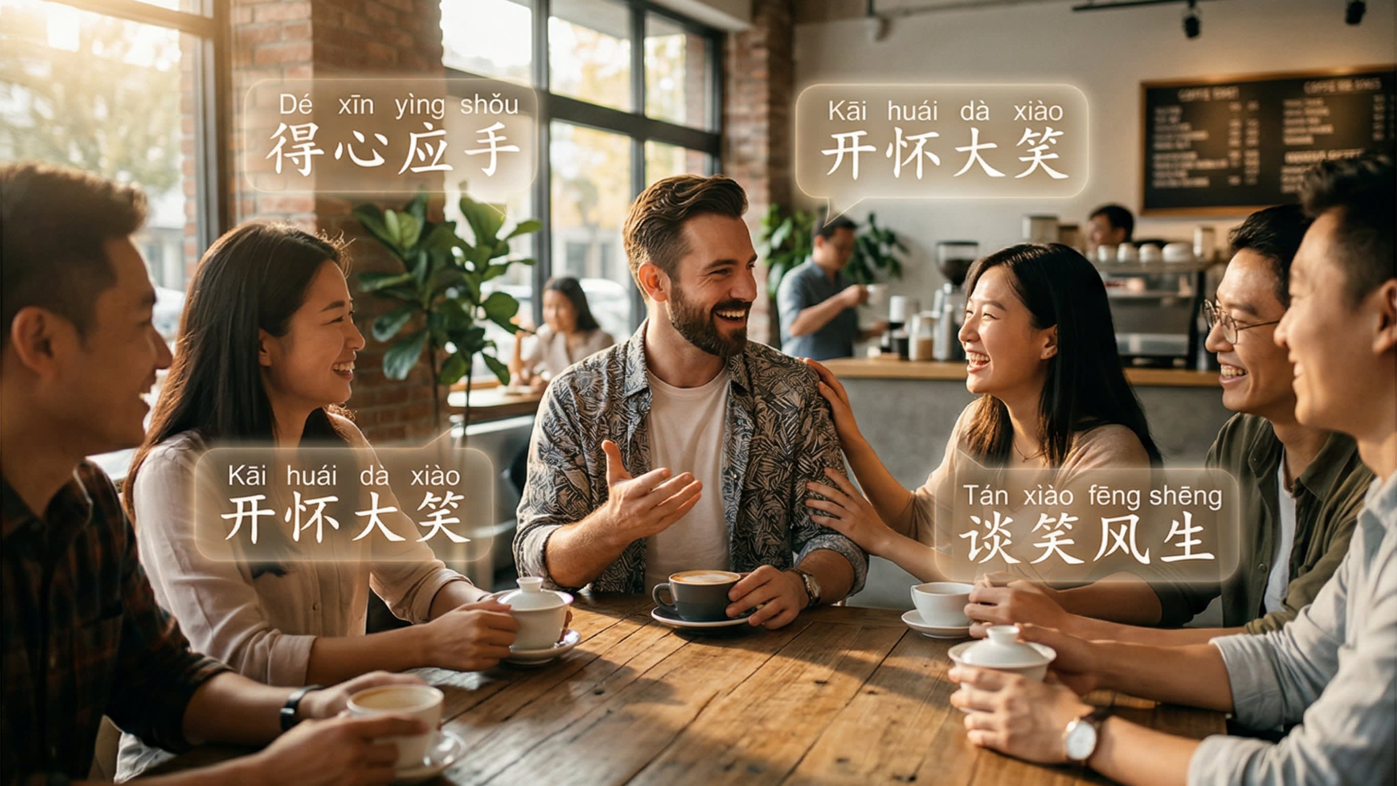 A cinematic, highly engaging photography shot of a confident expat laughing and chatting with a group of Chinese local friends at a vibrant modern cafe. Glowing, translucent four-character Chinese idioms (Chengyu) are subtly floating in the air around them like digital speech bubbles, representing linguistic fluency.