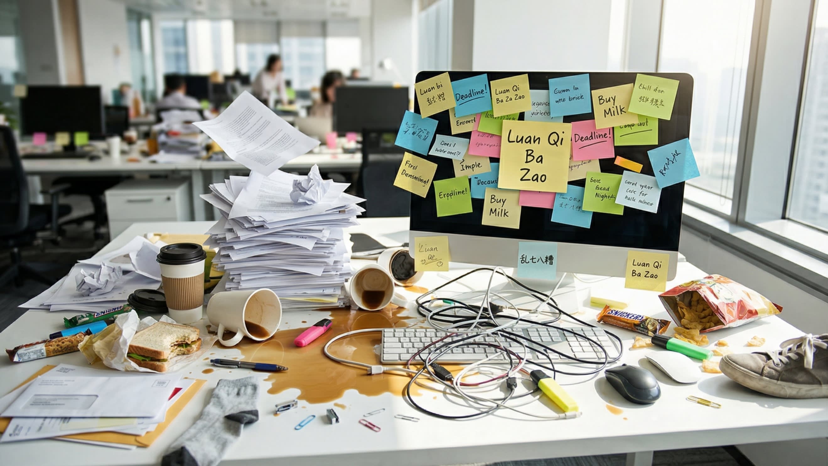 A humorous, highly relatable photography shot of a wildly messy and chaotic modern desk. Coffee cups are spilled, papers are flying everywhere, and sticky notes cover the computer monitor. This perfectly visualizes the idiom 'Luan Qi Ba Zao' (A total mess).