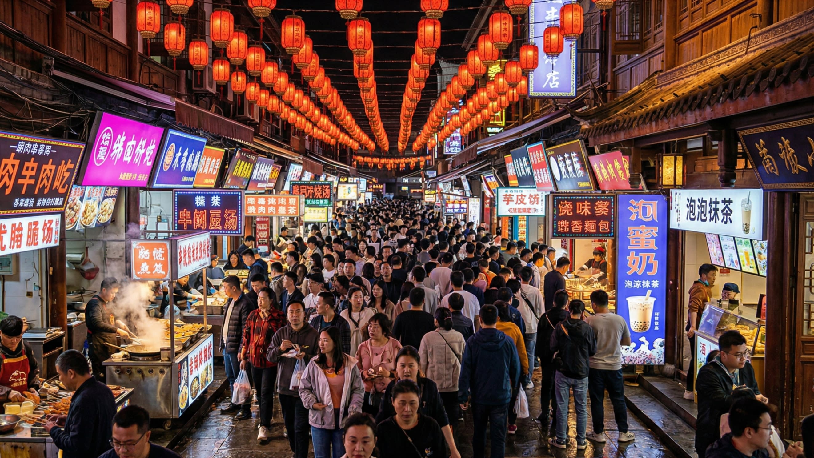 A breathtaking, dynamic wide-angle shot of an incredibly bustling traditional Chinese night market. Neon signs glow brightly as a massive, dense crowd of people navigates the narrow street. The atmosphere perfectly captures the visual essence of the idiom 'Ren Shan Ren Hai' (Mountains of people, seas of people).