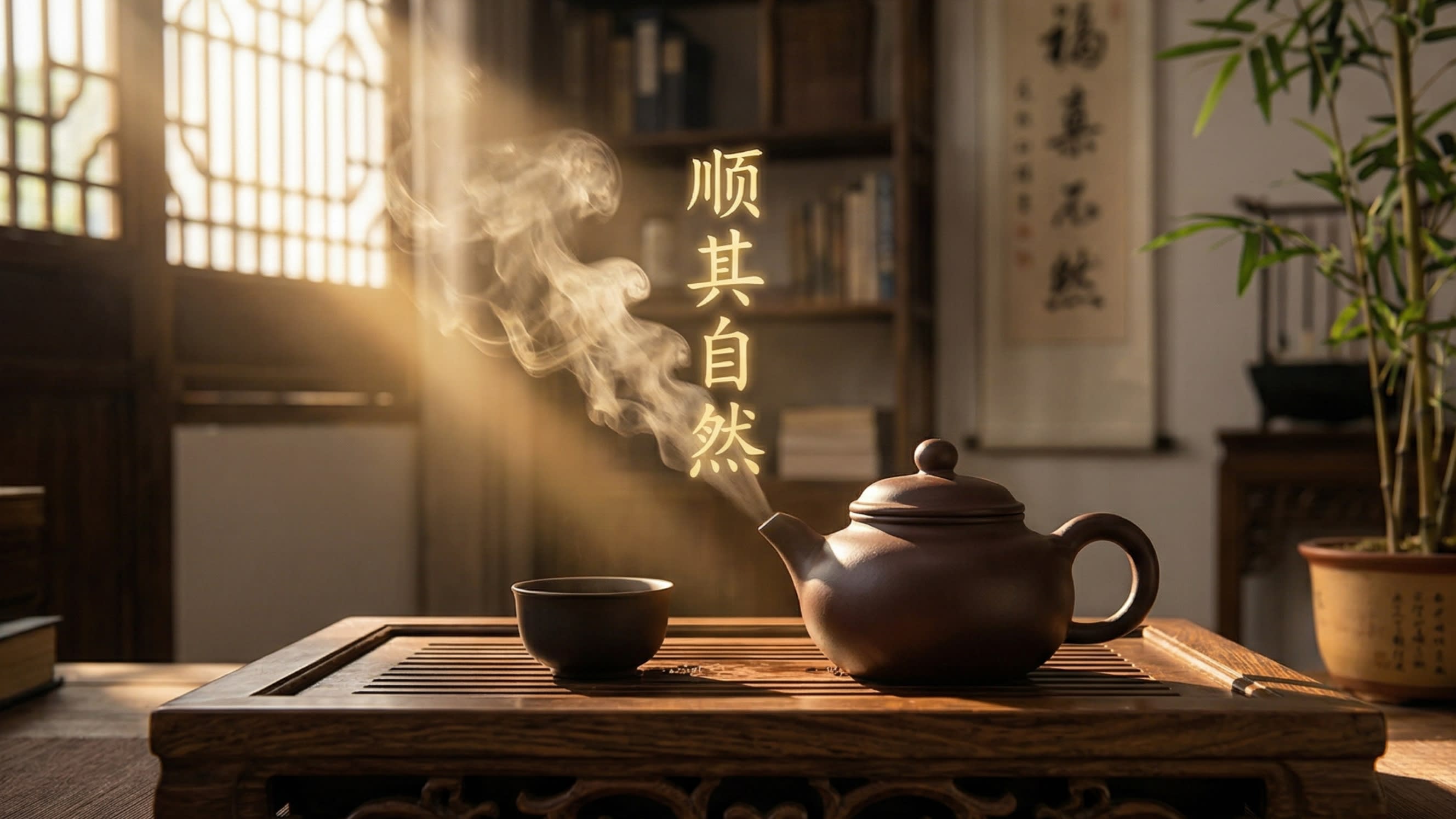 A breathtaking, deeply aesthetic photography shot of a traditional Chinese tea ceremony. Steam rises gently from a premium clay teapot into a beam of warm afternoon sunlight. Floating ethereally in the steam are the glowing golden characters '顺其自然' (Shun Qi Zi Ran - Let nature take its course). The image perfectly captures the philosophical peace and cultural depth of the idiom.