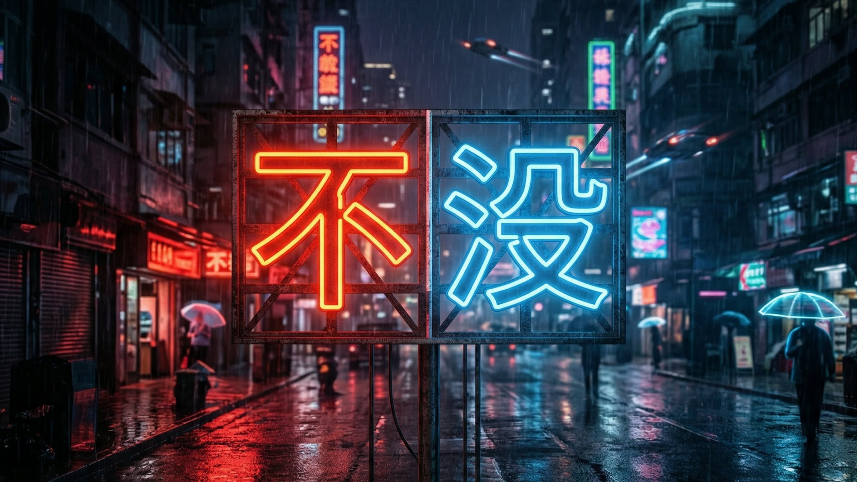 A cinematic, highly aesthetic photography shot of a neon sign split in half. On the left, glowing in warm, aggressive red is the Chinese character '不' (Bu). On the right, glowing in cool, objective blue is the character '没' (Mei). The background is a dark, rainy cyberpunk street, highlighting the stark contrast between these two essential words.