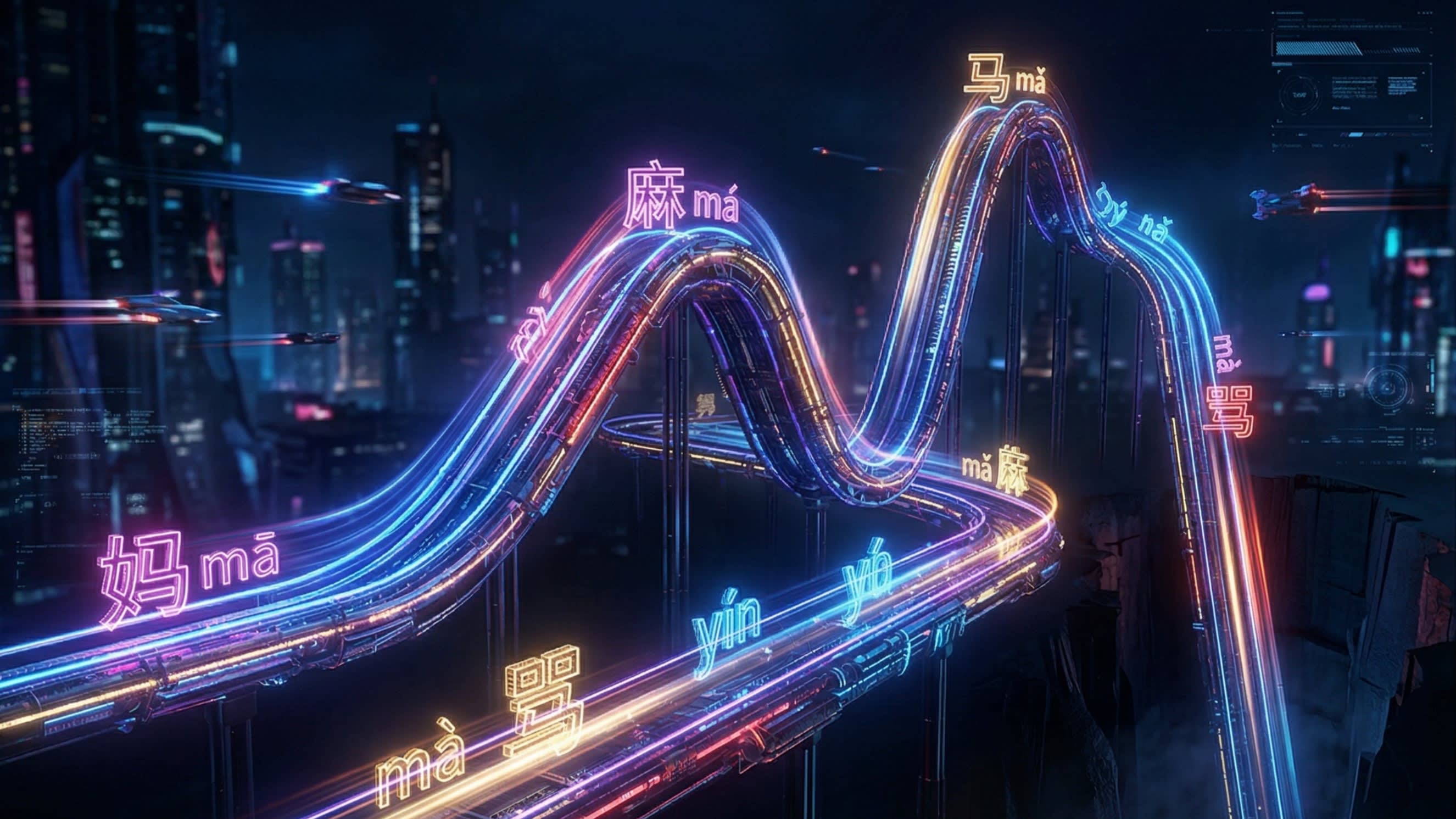 A breathtaking, hyper-detailed 3D digital illustration of a futuristic, glowing neon rollercoaster track floating in a dark cyberpunk sky. The track visually mimics the changing tones of '一': starting flat (1st tone), sharply dropping to rise up a steep hill (2nd tone shift), and then plunging down a steep drop (4th tone shift). Glowing Chinese characters ride the track, creating a perfect visual metaphor for pronunciation mechanics.