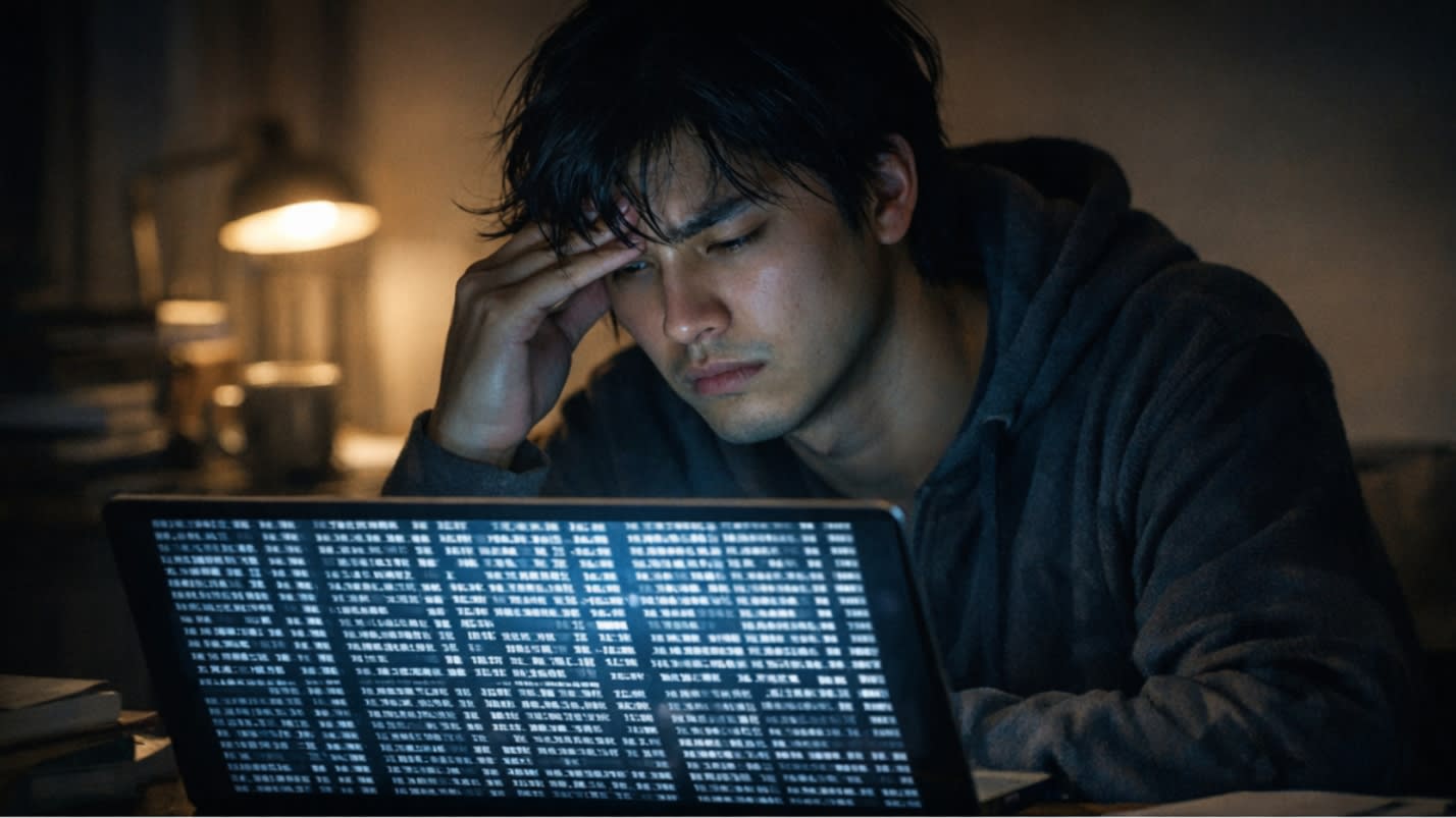 A high-quality lifestyle photography shot of a frustrated international student rubbing their temples while staring at a glowing tablet filled with endless rows of complex Chinese characters. The image perfectly visualizes 'cognitive overload' and the fatigue of purely AI-driven learning.