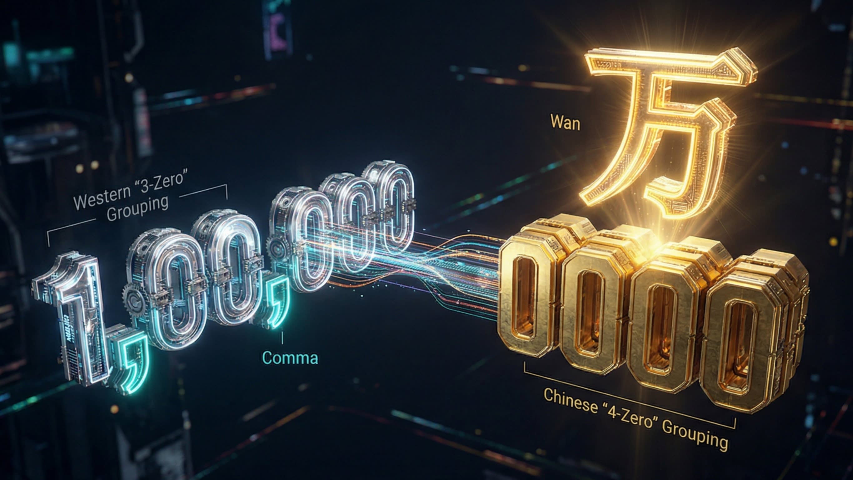 A visually spectacular, hyper-detailed 3D digital illustration conceptualizing the clash between Western and Eastern number systems. On the left, glowing silver metallic numbers are grouped by floating commas (1,000,000). On the right, glowing golden numbers are grouped into massive blocks of four zeros, anchored by a radiant, majestic Chinese character '万' (Wan). The two systems are connected by a futuristic, glowing bridge of data in a dark cyberpunk void.
