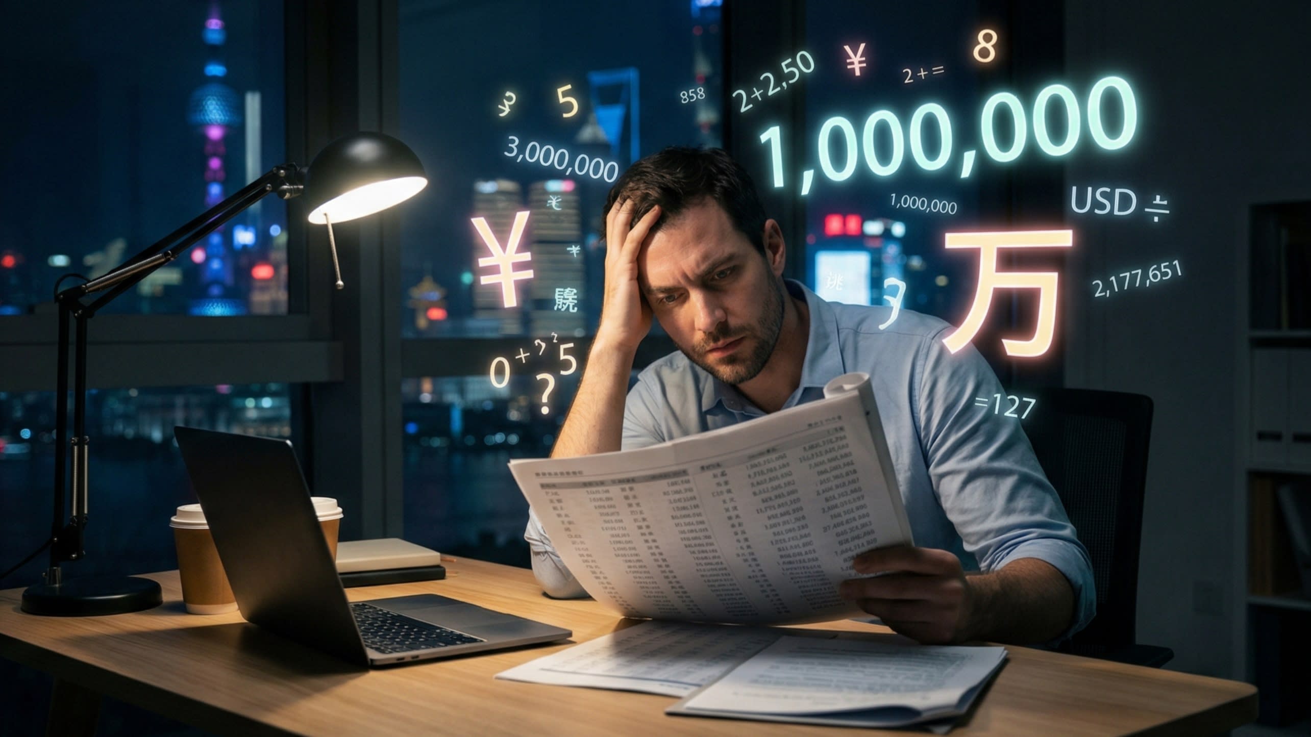 A cinematic, moody photography shot of a frustrated international professional sitting at a modern desk in Shanghai, staring at a financial document filled with massive numbers and Chinese characters. Glowing neon numbers like '10,000' and '万' float in the air, representing the mental math struggle.