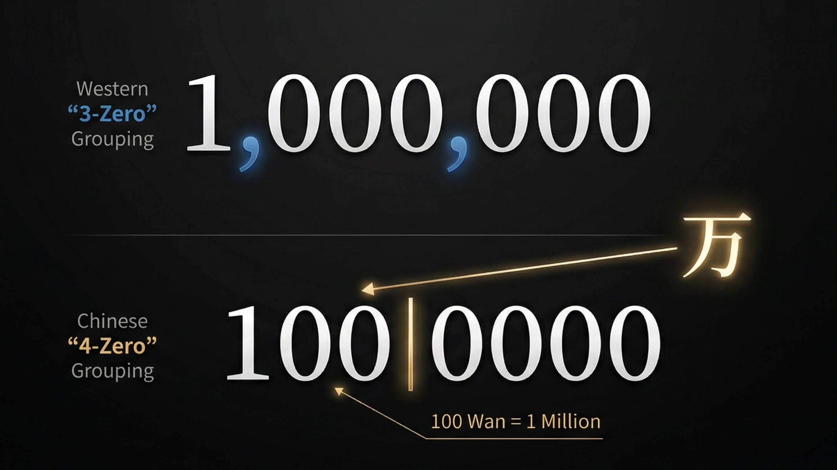 A sleek, modern graphic design infographic comparing the Western '3-Zero' system (Thousands, Millions) with the Chinese '4-Zero' system (Wan 万, Yi 亿). The graphic visually demonstrates how to shift the mental comma to quickly translate numbers.