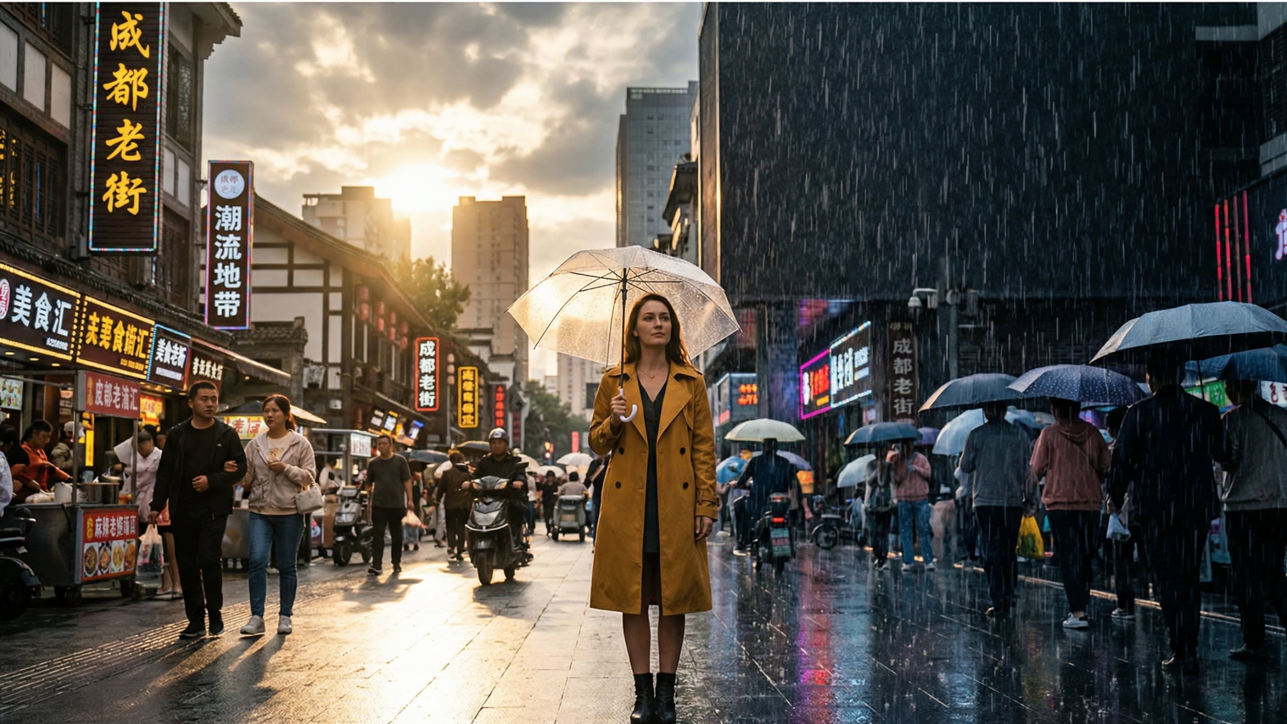 A cinematic, highly authentic lifestyle photography shot of an international expat standing on a bustling Chinese street. They are holding a stylish clear umbrella. On the left side of the frame, the sun is shining brightly, while on the right, heavy rain is falling, capturing the dramatic, unpredictable nature of spring weather in China.