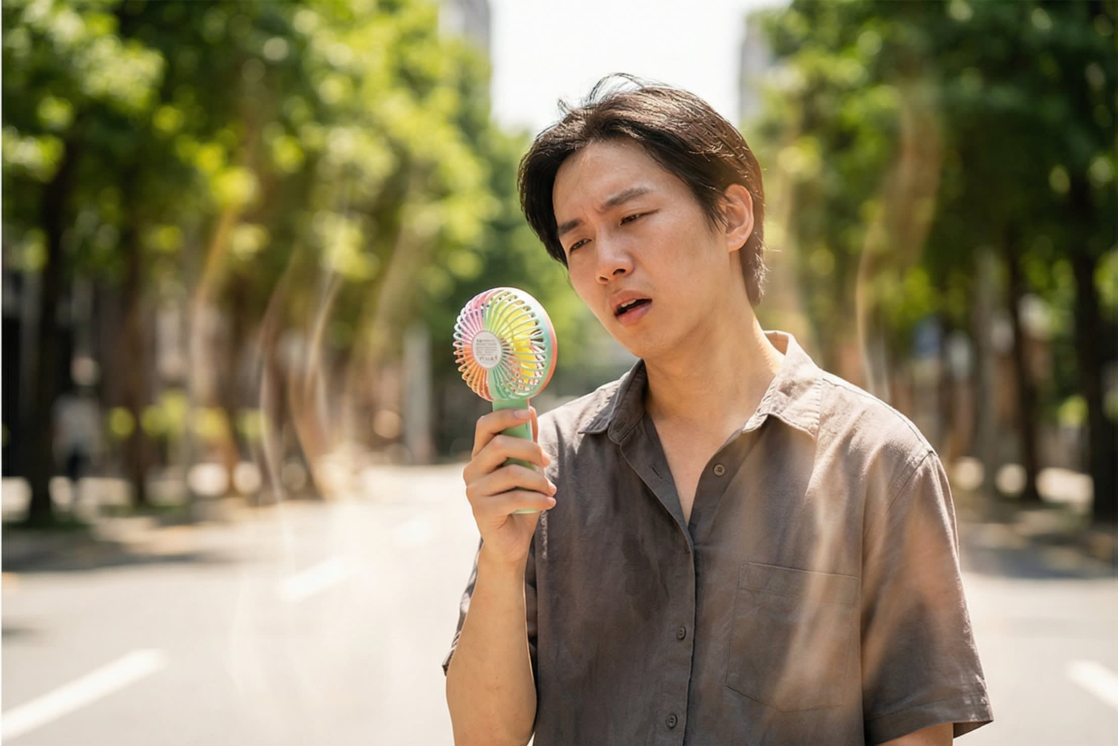 A humorous, high-quality editorial lifestyle shot of a person standing on a sweltering Shanghai street. The air around them is visibly distorted by heat waves. They are desperately holding a tiny, portable electric fan to their face, perfectly capturing the suffocating feeling of 'Mēn Rè' (Stifling heat).