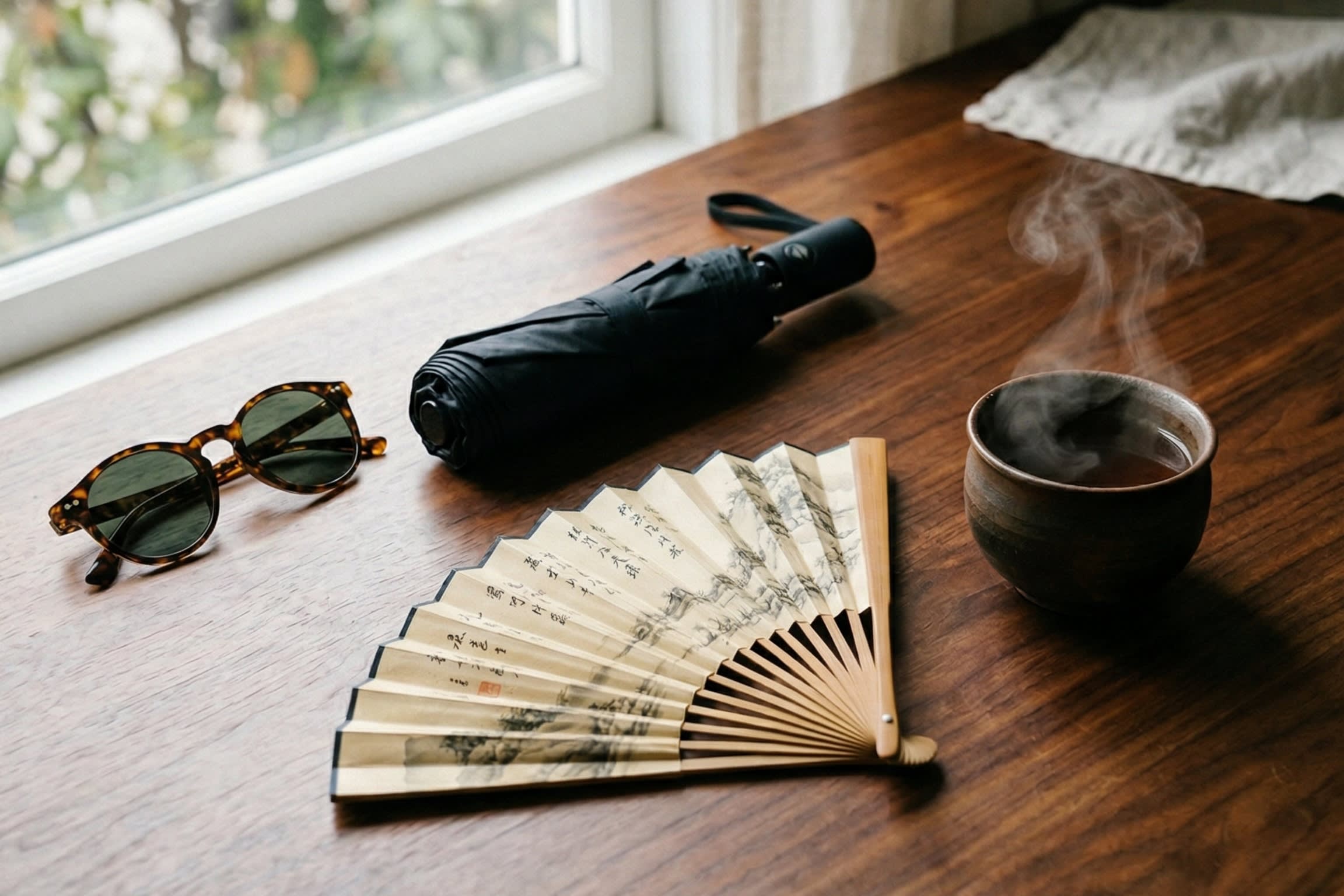 A beautiful, high-quality editorial still-life photography shot representing the balance of the four seasons and weather. On a rich, warm wooden table, four objects are perfectly arranged: a pair of stylish sunglasses (Summer/Sun), a sleek folding umbrella (Spring/Rain), a traditional folding fan (Autumn/Wind), and a steaming ceramic teacup (Winter/Cold). The composition is balanced, aesthetic, and inviting.