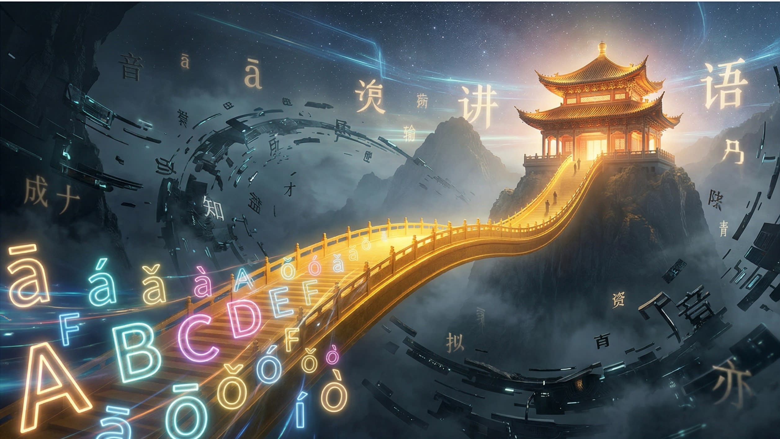 A breathtaking, visually spectacular 3D digital illustration conceptualizing the journey of learning Chinese. In the foreground, glowing, translucent Latin letters (Pinyin) are magically weaving together to form a solid, glowing golden bridge. This bridge arches over a dark, misty void, leading directly to a magnificent, warmly lit traditional Chinese pavilion in the distance, representing true language fluency. Masterpiece, highly aesthetic.