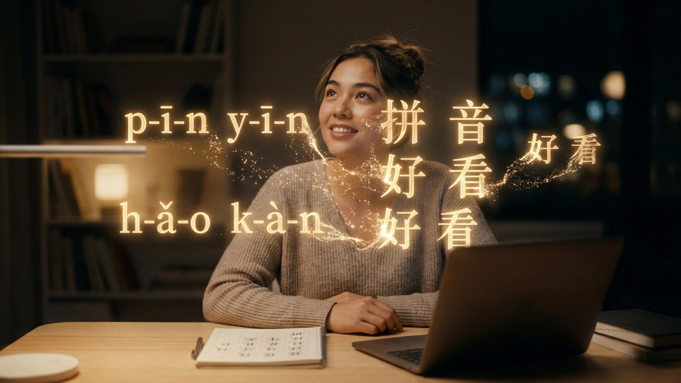 A cinematic, highly aesthetic photography shot of a confident international student sitting at a modern desk. In front of them, glowing holographic letters of the Latin alphabet are magically merging and transforming into glowing Chinese characters. The scene represents the bridge between Pinyin and Chinese fluency.