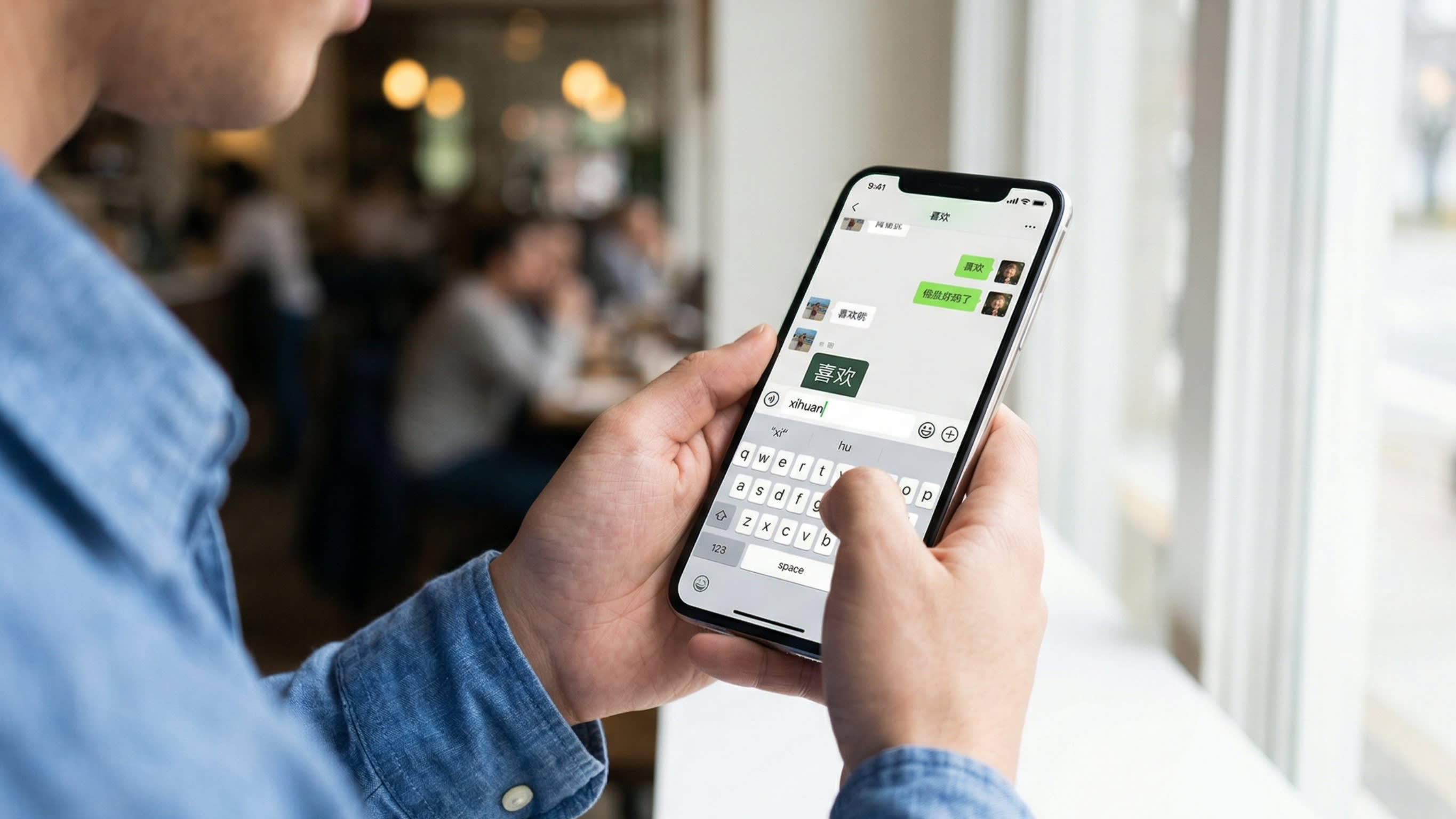 A close-up, authentic lifestyle photography shot of a person's hands holding a modern smartphone. On the screen, a WeChat conversation is open. The user is typing 'xihuan' on a standard QWERTY keyboard, and the Chinese characters '喜欢' (like) are popping up in the suggestion bar.