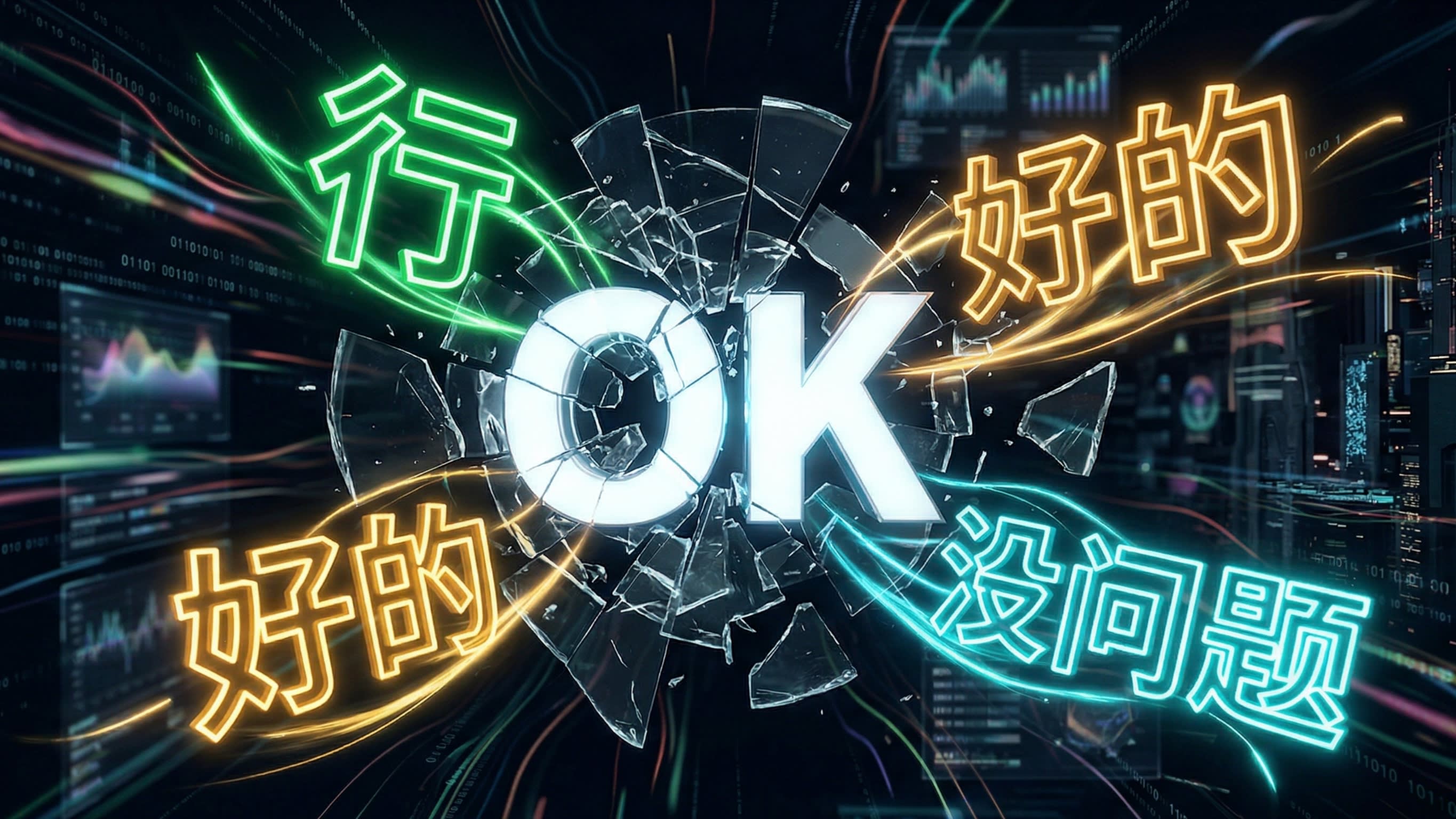 A visually spectacular, hyper-detailed 3D digital illustration conceptualizing a 'Language Matrix'. In the center, a glowing white, modern English 'OK' shatters like glass. Exploding outward from the shattered 'OK' are brilliant, neon 3D Chinese characters: '行' in bright green, '好的' in warm orange, and '没事吧' in cool cyan. The background is a sleek, dark cyberpunk void, symbolizing the linguistic breakthrough from English simplicity to Chinese precision.