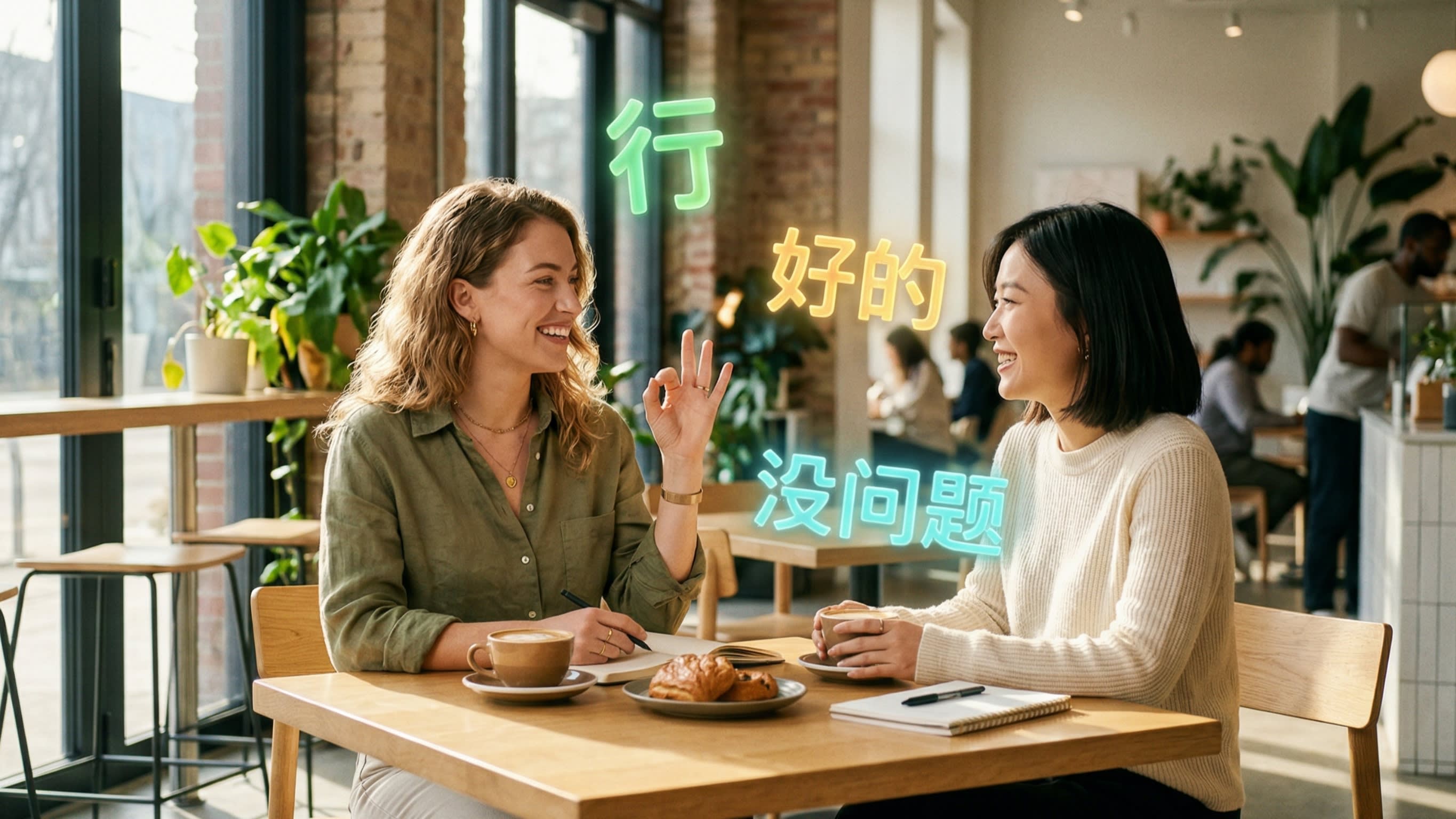 A cinematic, highly aesthetic lifestyle photography shot of an international expat and a Chinese friend chatting at a sunny modern cafe. The expat is making the universal 'OK' hand gesture, while glowing, translucent Chinese characters like '行', '好的', and '没问题' float in the air around them, representing the translation of a single concept into multiple native nuances.