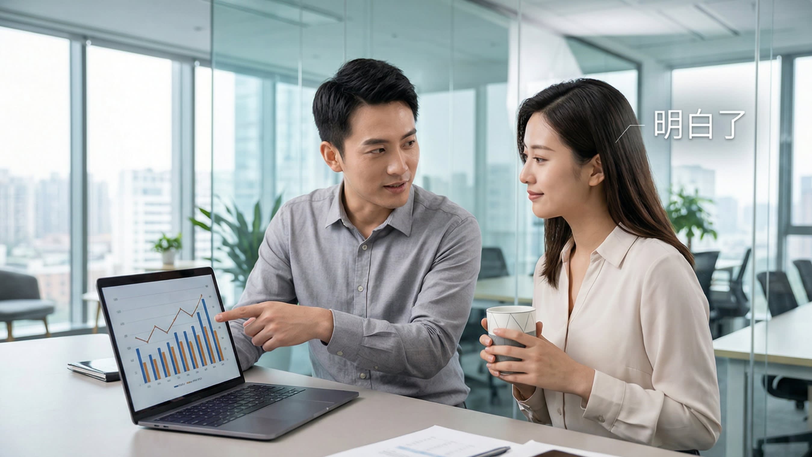 A high-quality, authentic photography shot of two colleagues in a bright modern office. One colleague is explaining something on a laptop, while the other nods thoughtfully, holding a coffee cup. A subtle graphic overlay of '明白了 (Mingbai le - Got it)' highlights the concept of confirming understanding.