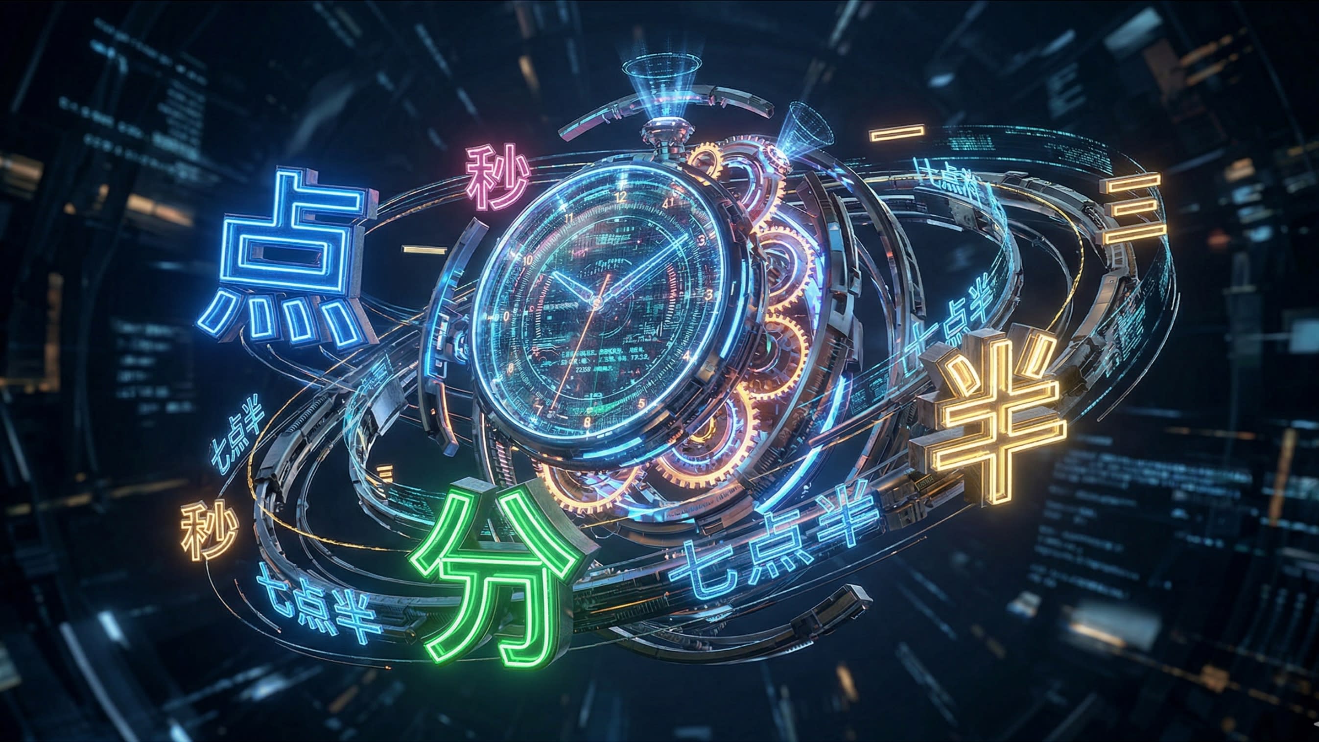 A visually spectacular, hyper-detailed 3D digital illustration conceptualizing the mechanics of Chinese time. A glowing, futuristic, disassembled clock floats in a dark void. Massive, solid 3D Chinese characters like '点' (hour), '分' (minute), and '半' (half) orbit the central clock face like planets. A bright, neon arrow points from a large glowing sun down to the specific numbers.
