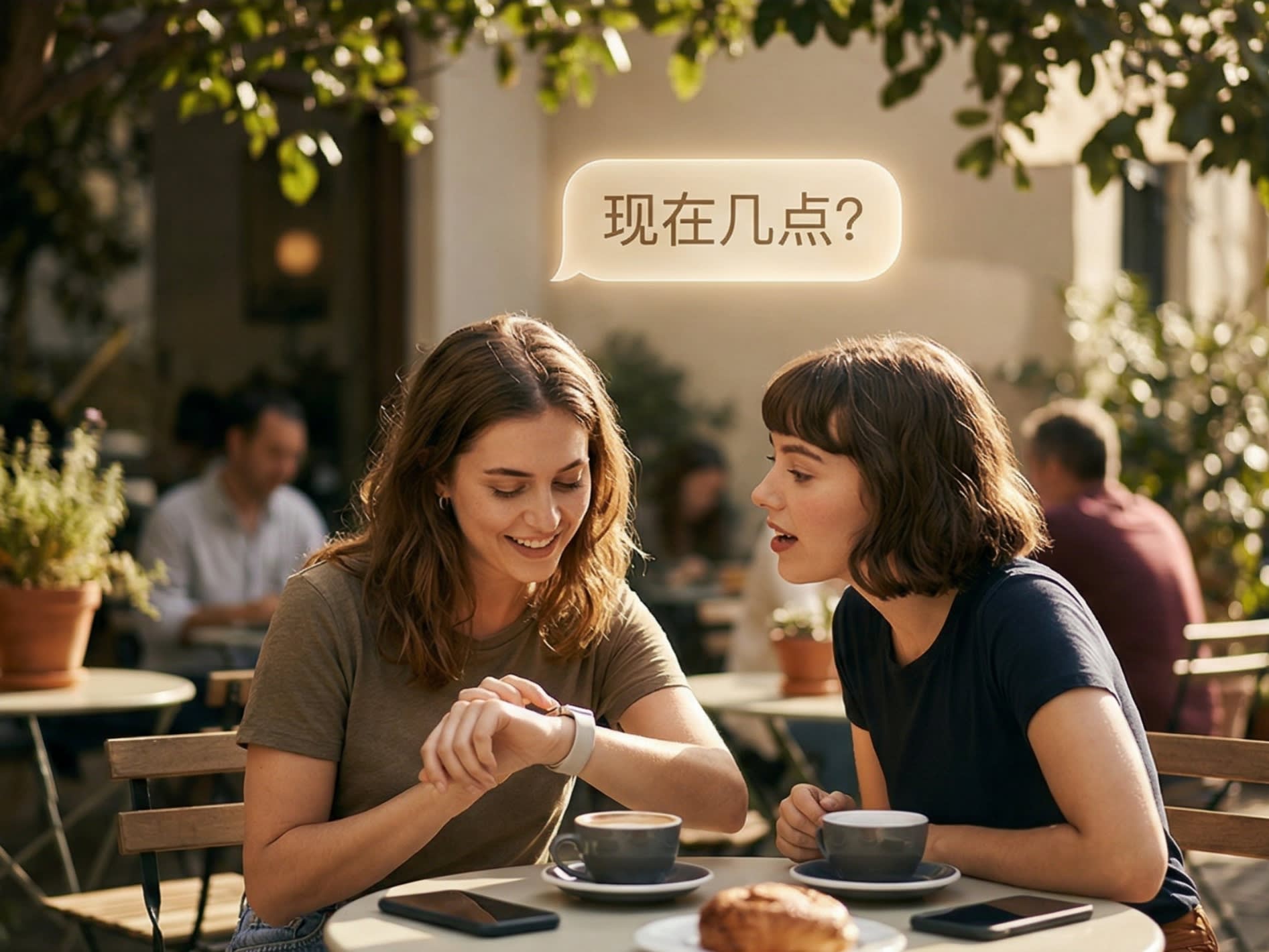 A candid, high-quality lifestyle photography shot of two friends sitting at a bright, sunny outdoor cafe. One friend is looking down at a smartwatch on their wrist, while the other friend is leaning in, asking a question. Floating above the scene is a translucent digital text bubble reading '现在几点？'.