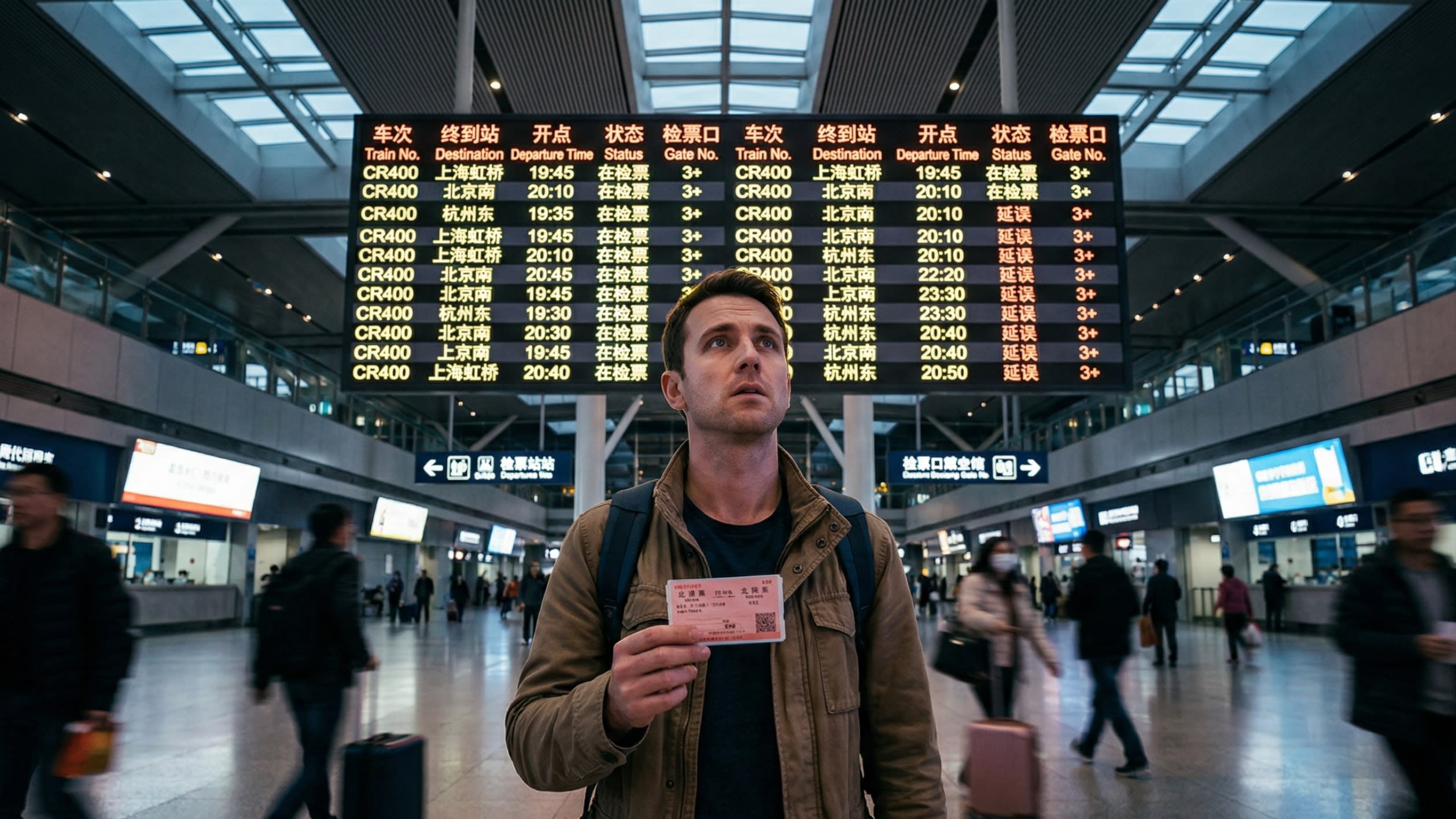 A cinematic, highly authentic lifestyle photography shot of a bustling Chinese high-speed railway station (Gaotie). An international expat is looking up at a massive, glowing digital departure board displaying train times, holding a ticket. The scene perfectly captures the real-world urgency and necessity of understanding time in China.