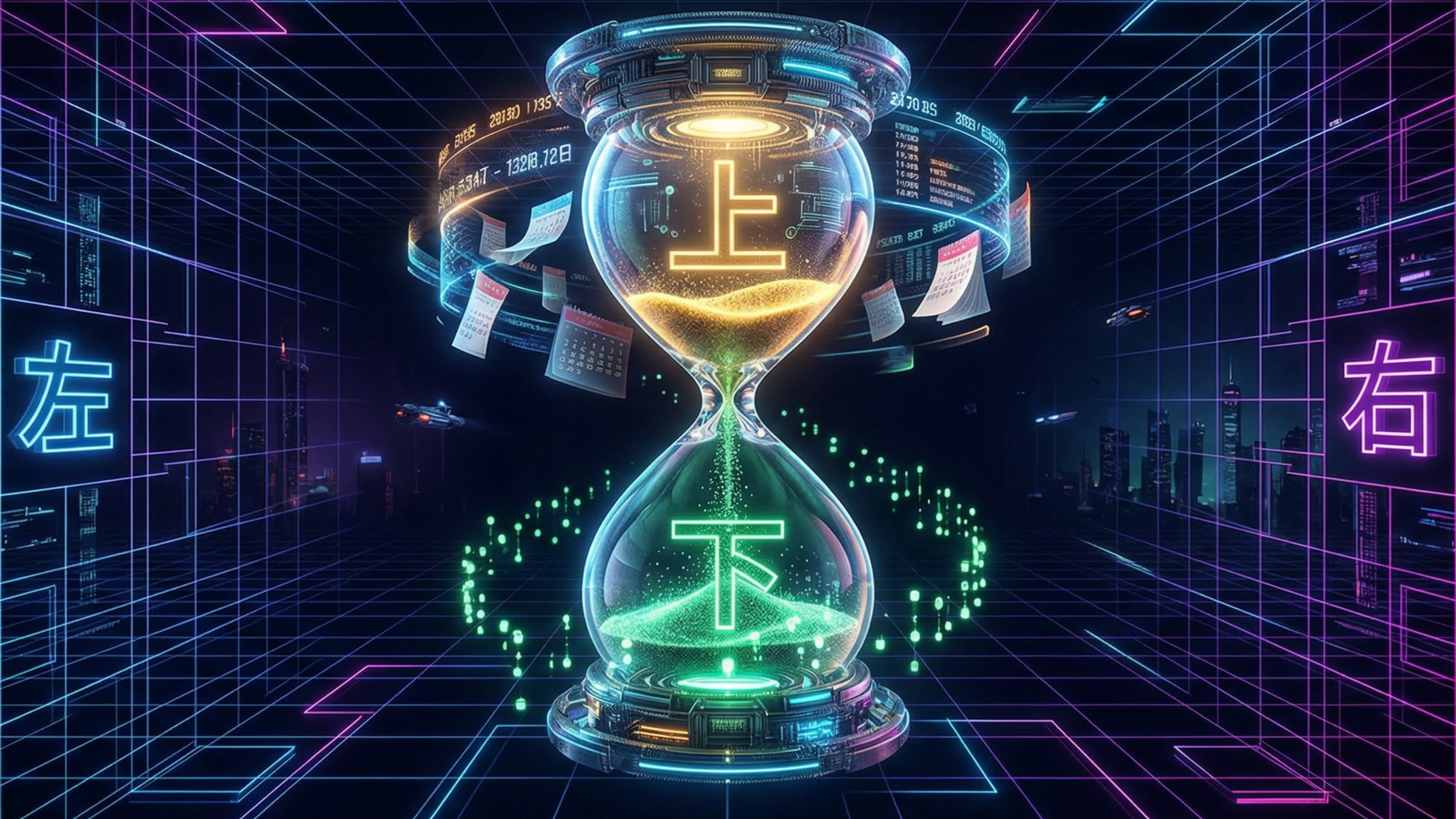 A visually spectacular, hyper-detailed 3D digital illustration conceptualizing the Chinese spatial and temporal matrix. In the center is a glowing hourglass. In the top half (Up/Past), the Chinese character '上' floats among glowing digital calendars representing past months. In the bottom half (Down/Future), the character '下' floats among falling sands representing upcoming events. The background features a sleek cyber-grid mapping Left (左) and Right (右). Epic masterpiece.