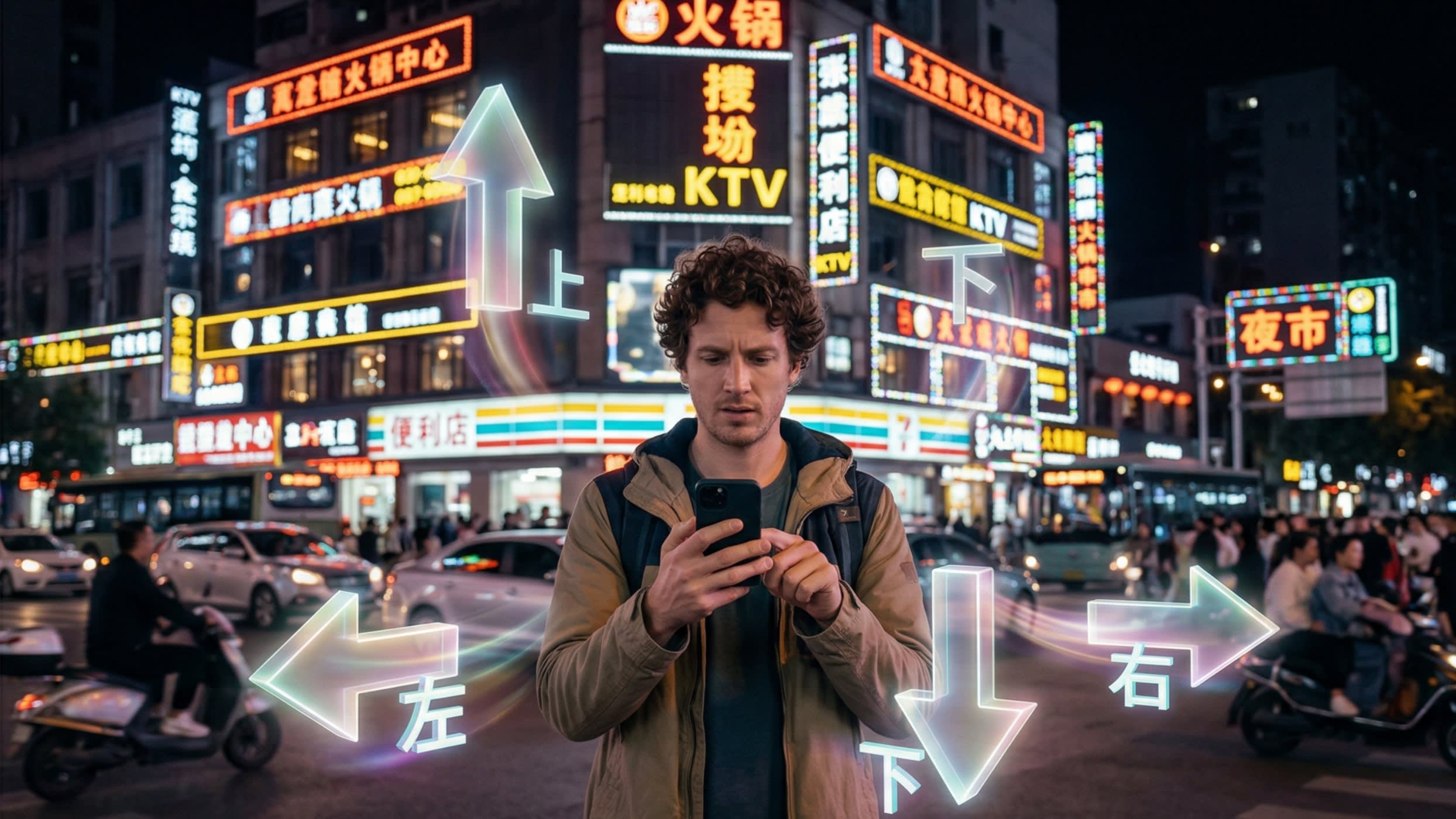 A cinematic, highly authentic lifestyle photography shot of a somewhat confused international expat standing at a bustling, neon-lit Chinese intersection at night. They are looking down at a map on their smartphone. Glowing, translucent 3D arrows pointing Up, Down, Left, and Right float magically in the air around them, accompanied by the Chinese characters 上, 下, 左, and 右.
