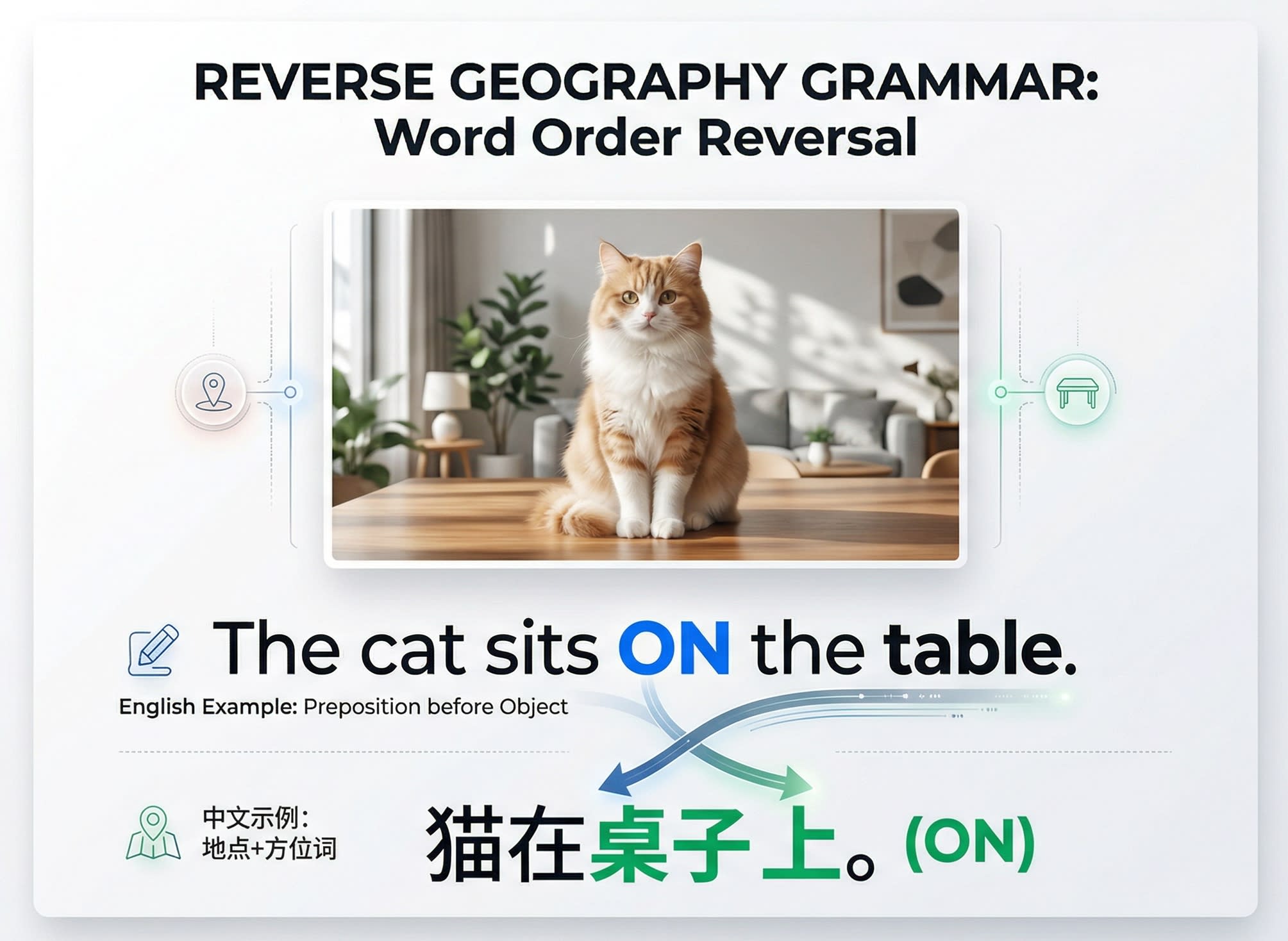 A clean, aesthetic graphic design illustration explaining the 'Reverse Geography' grammar rule. An image of a cute cat sitting on a wooden table. Below it, the English sentence highlights 'ON the table', while the Chinese sentence highlights '桌子 上 (Table ON)', with arrows showing the reversal of word order.