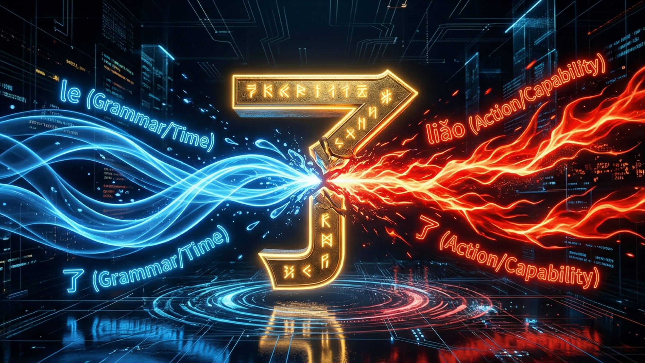 A visually spectacular, hyper-detailed 3D digital illustration conceptualizing the duality of the Chinese character '了'. In a dark, sleek cyber-matrix environment, a massive, glowing golden '了' is splitting into two energy streams. The left stream glows in soft blue neon with the text 'le (Particle / Status)', representing flowing time. The right stream glows in aggressive, fiery red neon with the text 'liǎo (Verb / Capability)', representing solid strength. Epic masterpiece, highly engaging.