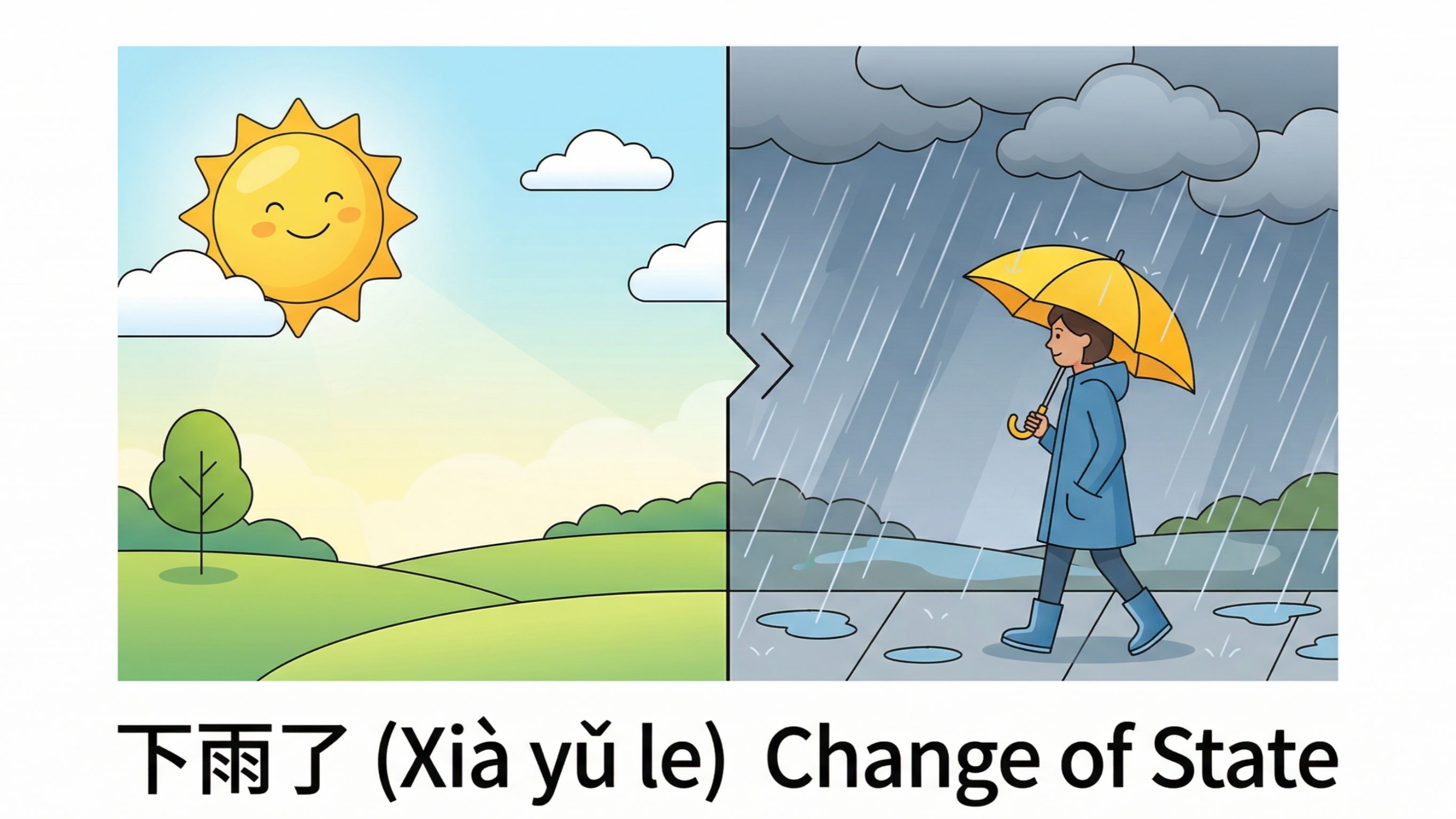 A bright, clean editorial illustration split into two panels. The left panel shows a sunny sky. The right panel shows heavy rain starting to fall, with a person holding an umbrella. Bold text below reads '下雨了 (Xia yu le) - Change of State', perfectly visualizing the grammatical concept.