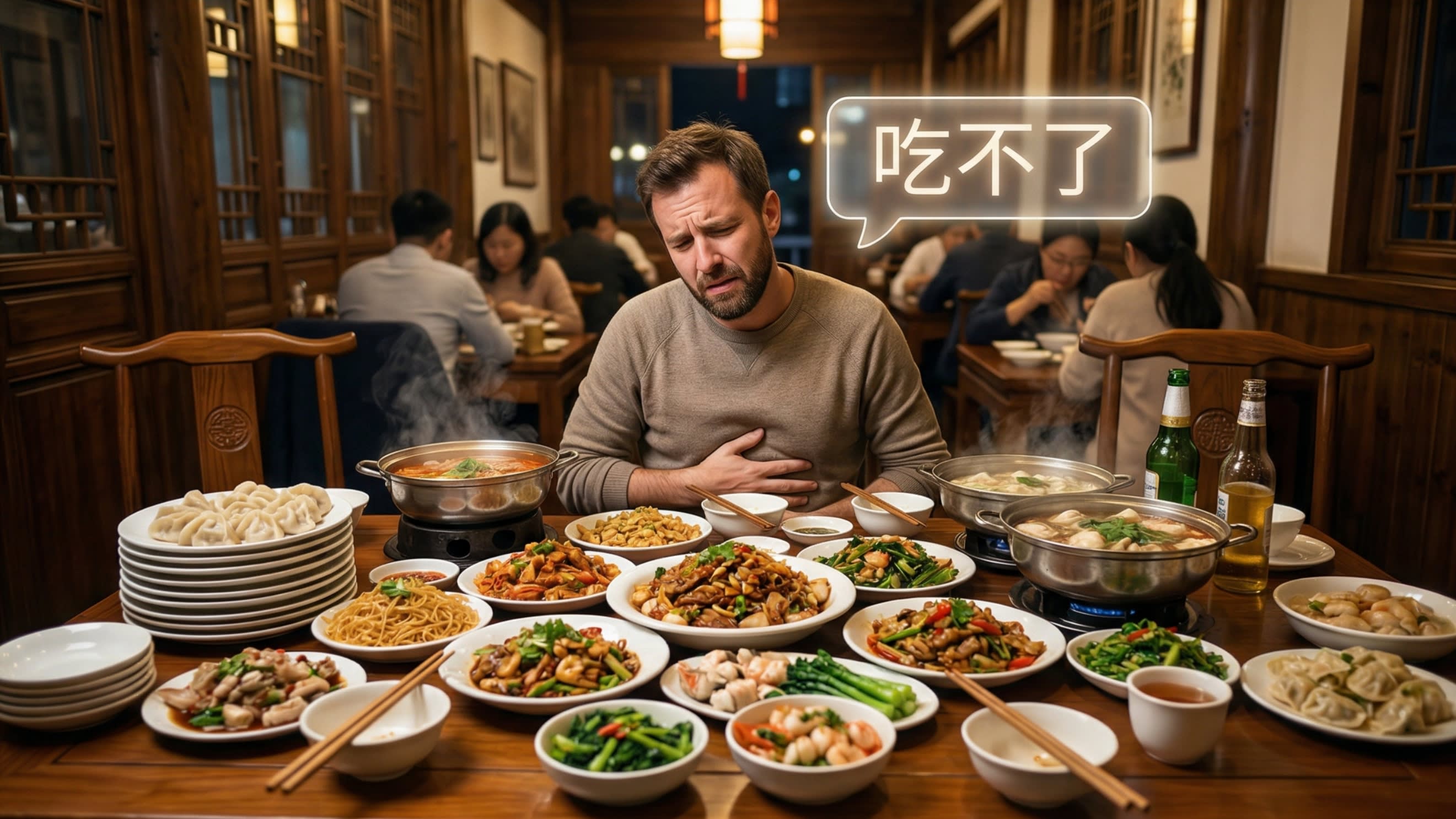 A candid, high-quality lifestyle shot of a person sitting at a Chinese restaurant table filled with an overwhelming, massive amount of food. The person is holding their stomach, looking incredibly full and slightly distressed. A floating digital text bubble says '吃不了 (Chi bu liao - I can't eat it all)', capturing the exact physical meaning of the word.
