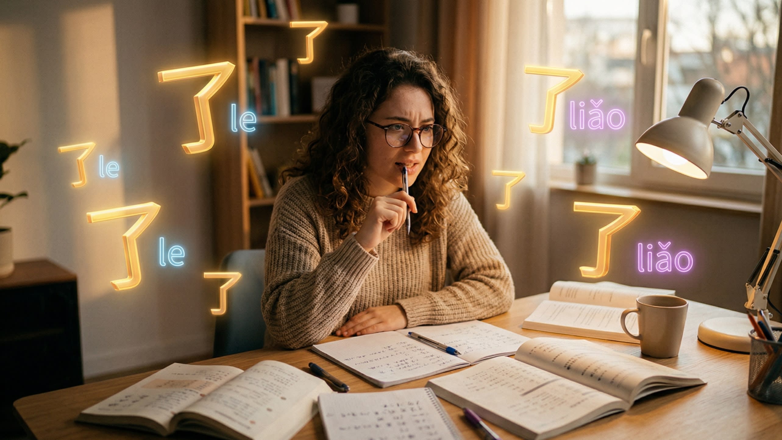 A cinematic, highly aesthetic photography shot of a somewhat overwhelmed international student sitting at a modern desk, surrounded by textbooks. Glowing, translucent golden 3D Chinese characters '了' are floating magically in the air around them, with the pinyin 'le' and 'liǎo' glowing in different colors. The scene captures the mystery and complexity of Chinese grammar.