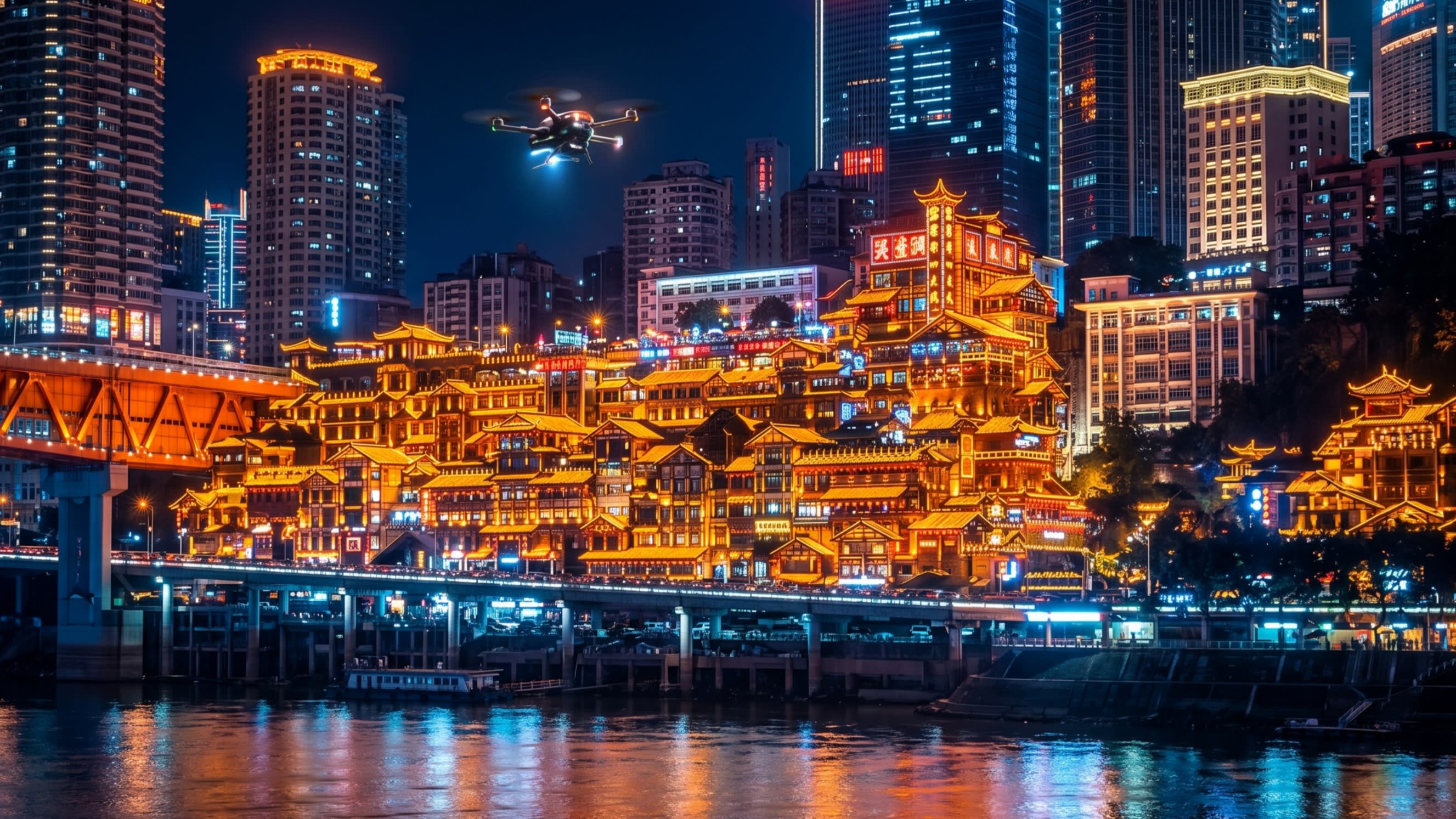 A breathtaking night shot of Chongqing's Hongyadong complex, with its traditional stilt-house architecture glowing in golden lights against the dark river. In the foreground, a drone captures the scene, symbolizing the blend of tradition and high-tech.