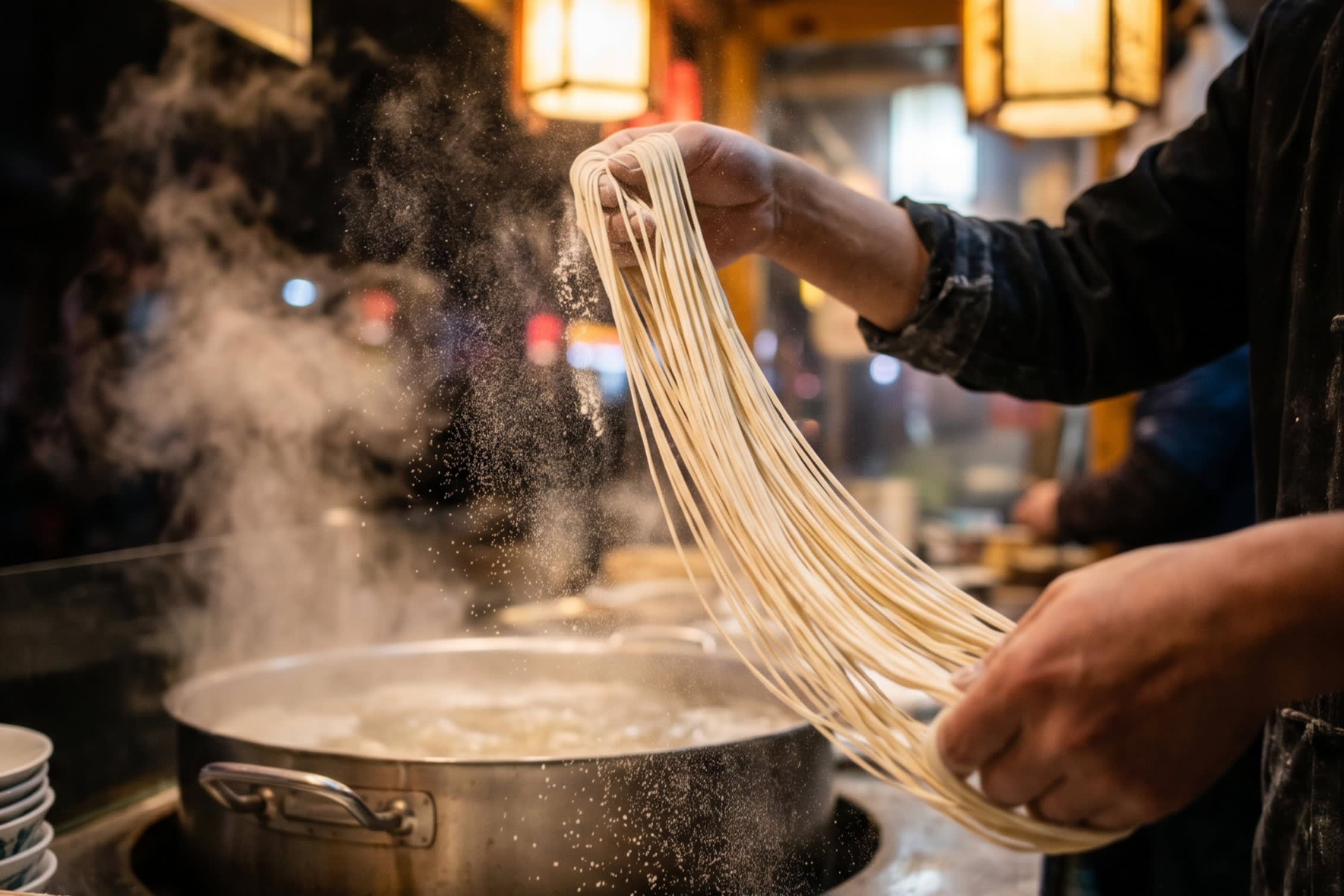 A vibrant, close-up shot of a steaming bowl of Lanzhou hand-pulled noodles being prepared at a street stall. The flour is flying in the air, and the chef is smiling, capturing the 'Auspicious' and delicious side of Chinese street food culture.
