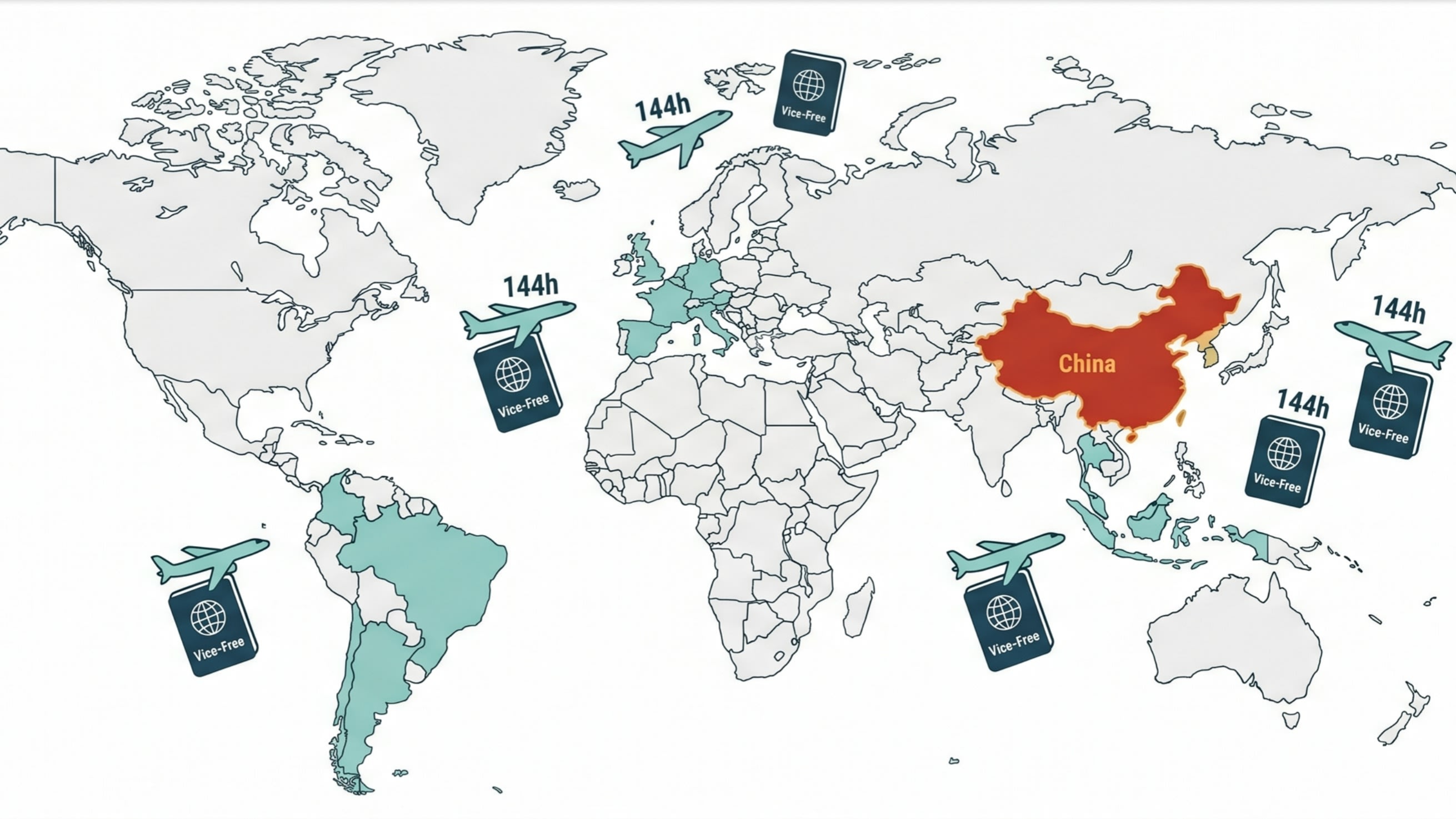 A detailed infographic showing a world map with highlighted countries that enjoy visa-free access to China in 2026. The style is clean, professional, and uses vibrant colors to emphasize the 'opening up' of China's borders.