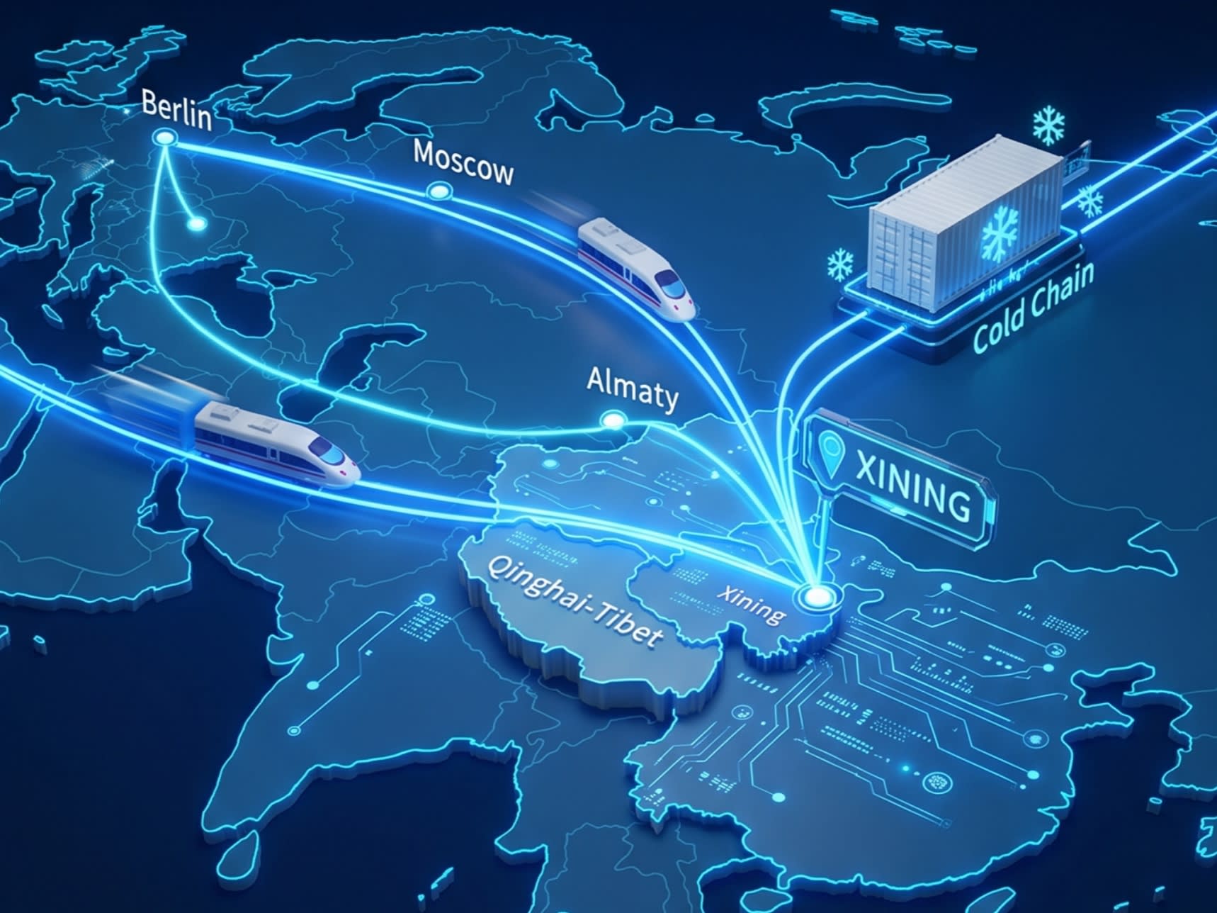 A high-tech 3D infographic showing the path of cold-water fish from the clean glaciers of Qinghai to major international cities like Tokyo, Seoul, and Paris. The map uses glowing blue lines to represent the 'Fresh Link' cold-chain logistics.