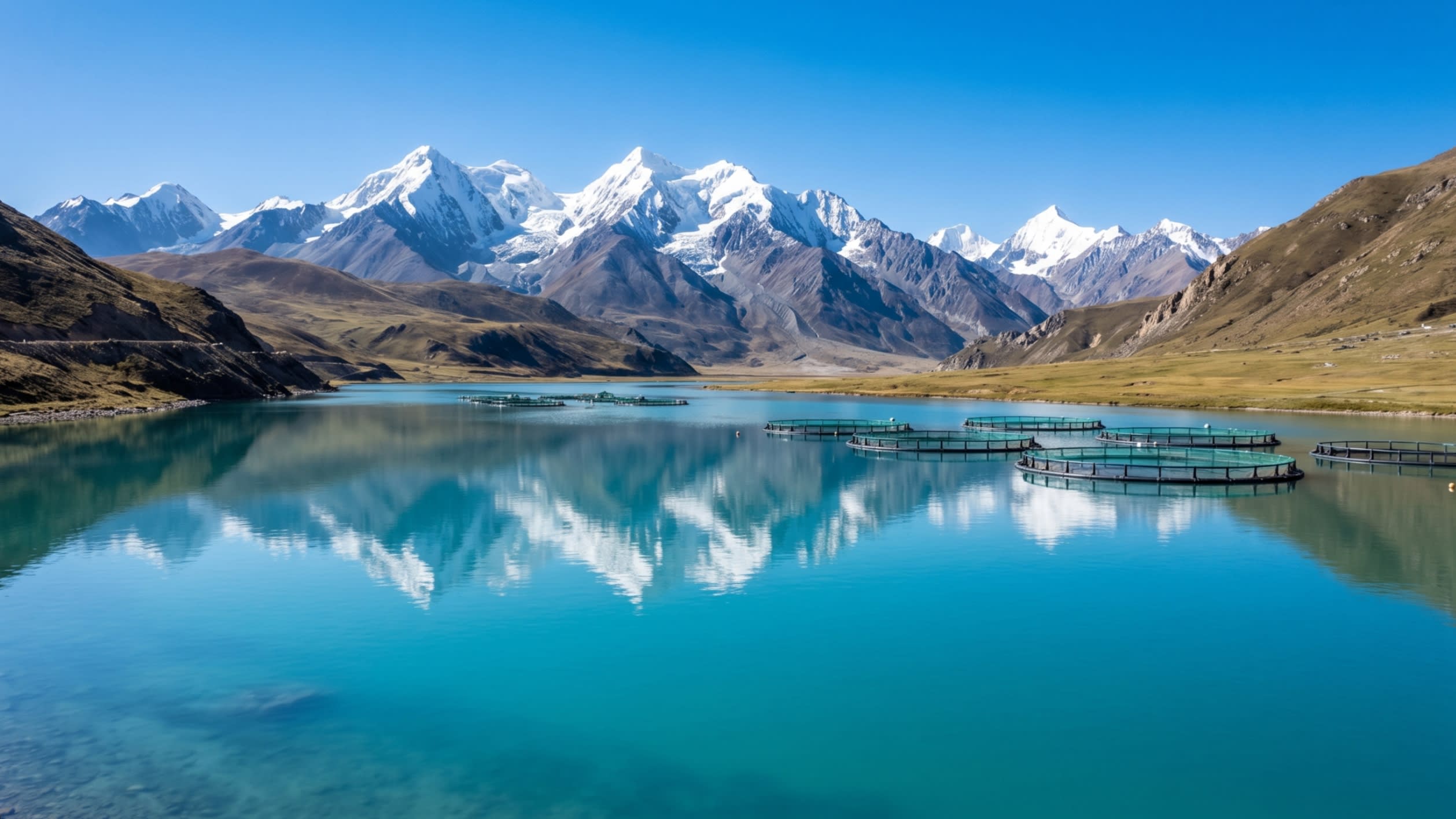 A cinematic, wide-angle shot of the clear, turquoise waters of the upper Yellow River in Qinghai. In the background, snow-capped mountains reflect in the water, while modern, eco-friendly aquaculture cages are visible. The sun is shining brightly, creating a pristine and high-end feel.