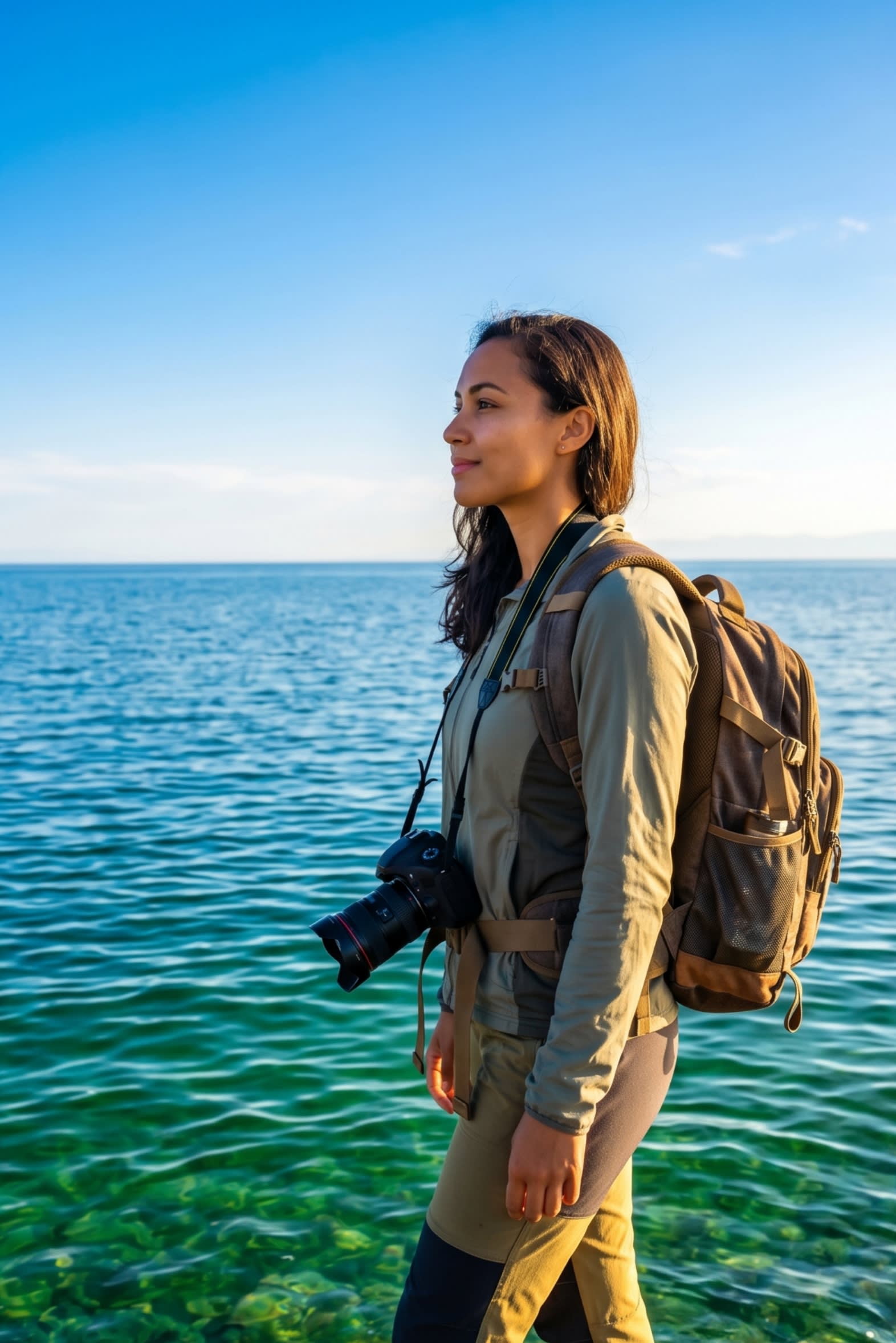 A cinematic shot of an international traveler standing on the edge of Qinghai Lake, holding a professional camera. The sky is a deep, impossible blue, and the atmosphere is serene and untouched, perfectly capturing the appeal of 'Reverse Tourism'.