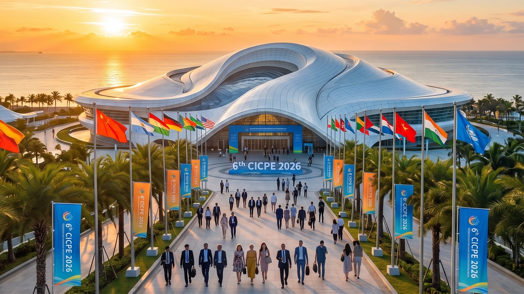 A cinematic, wide-angle shot of the main pavilion of the 6th CICPE in Haikou. The building's futuristic, shell-like architecture is draped in vibrant banners saying 'Share Open Opportunities.' Thousands of international attendees are seen entering the sun-drenched plaza, creating a scene of immense scale and energy.